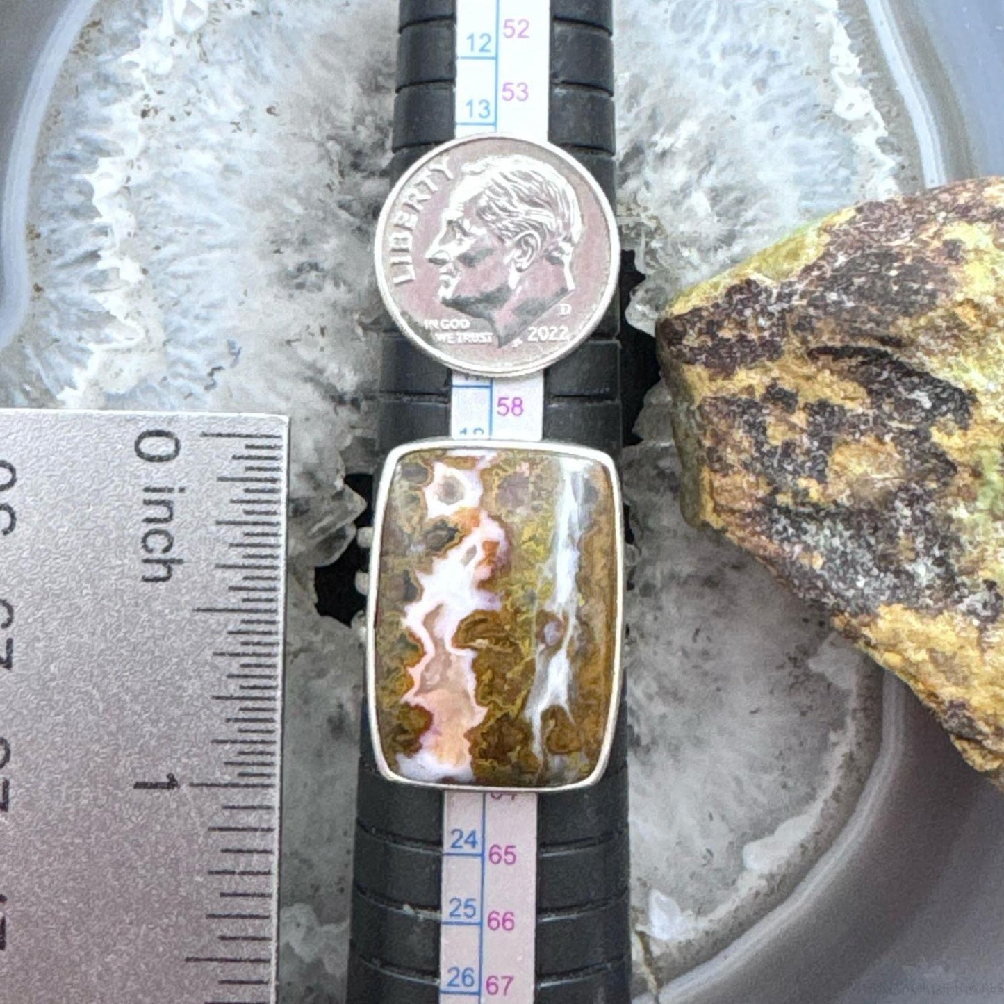 Sterling Silver Southwestern Style Rectangle Moroccan Seam Agate Ring Size 9.75 For Women