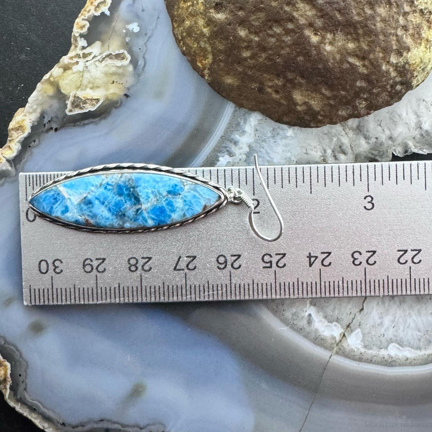 Sterling Silver Southwestern Style Elongated Marquise Blue Apatite Dangle Earrings For Women