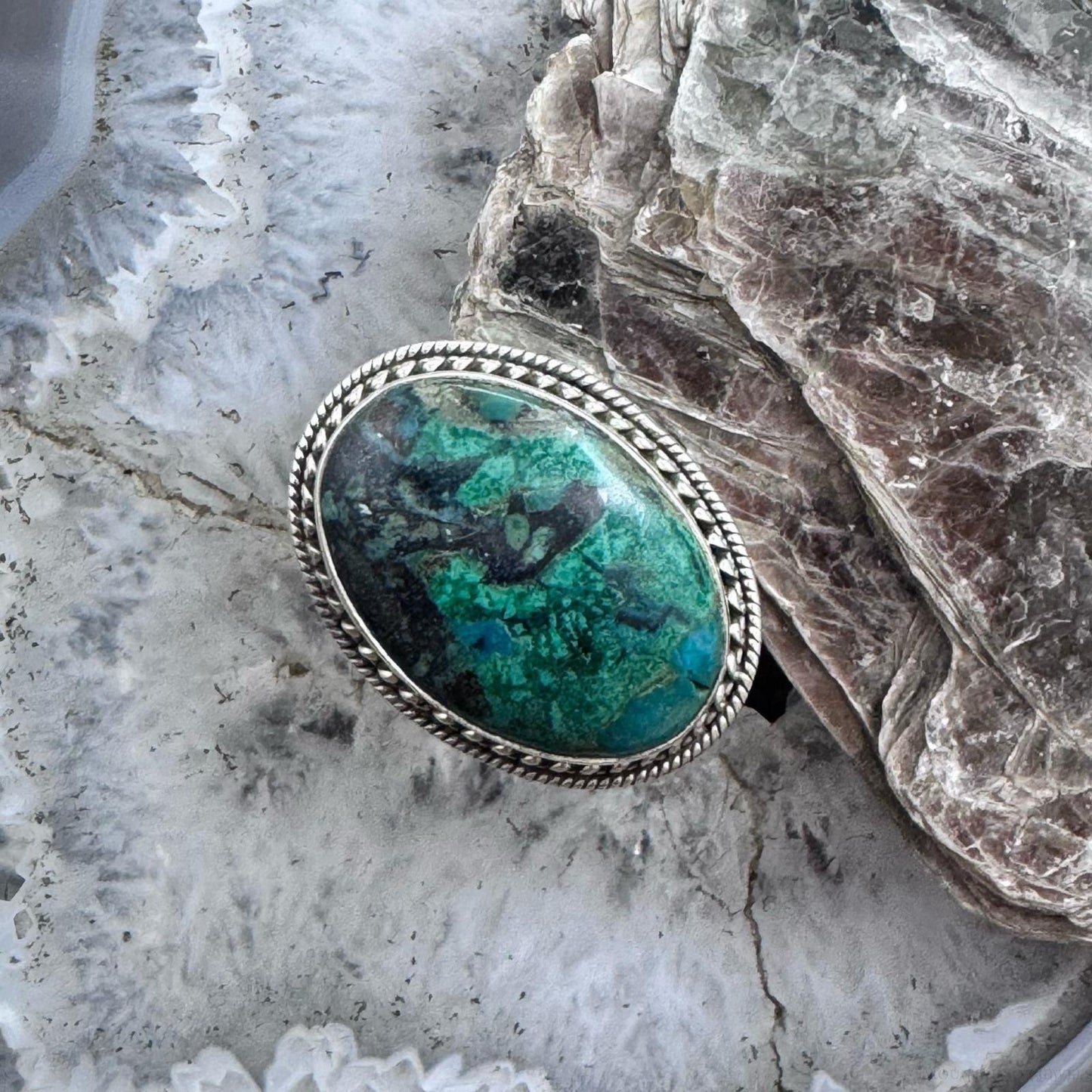 Sterling Silver Southwestern Style Oval Azurite Decorated Ring Size 7 For Women