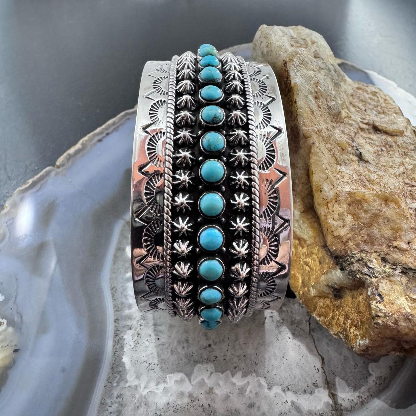 Sterling Silver Southwestern Style Turquoise Single Row Stamped Decorated Bracelet For Women