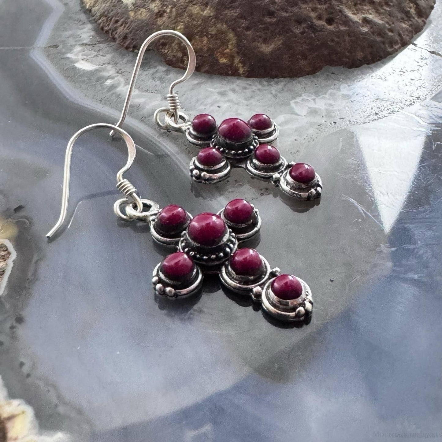 Sterling Silver 6 Red Gemstone Decorated Cross Fashion Dangle Earrings For Women