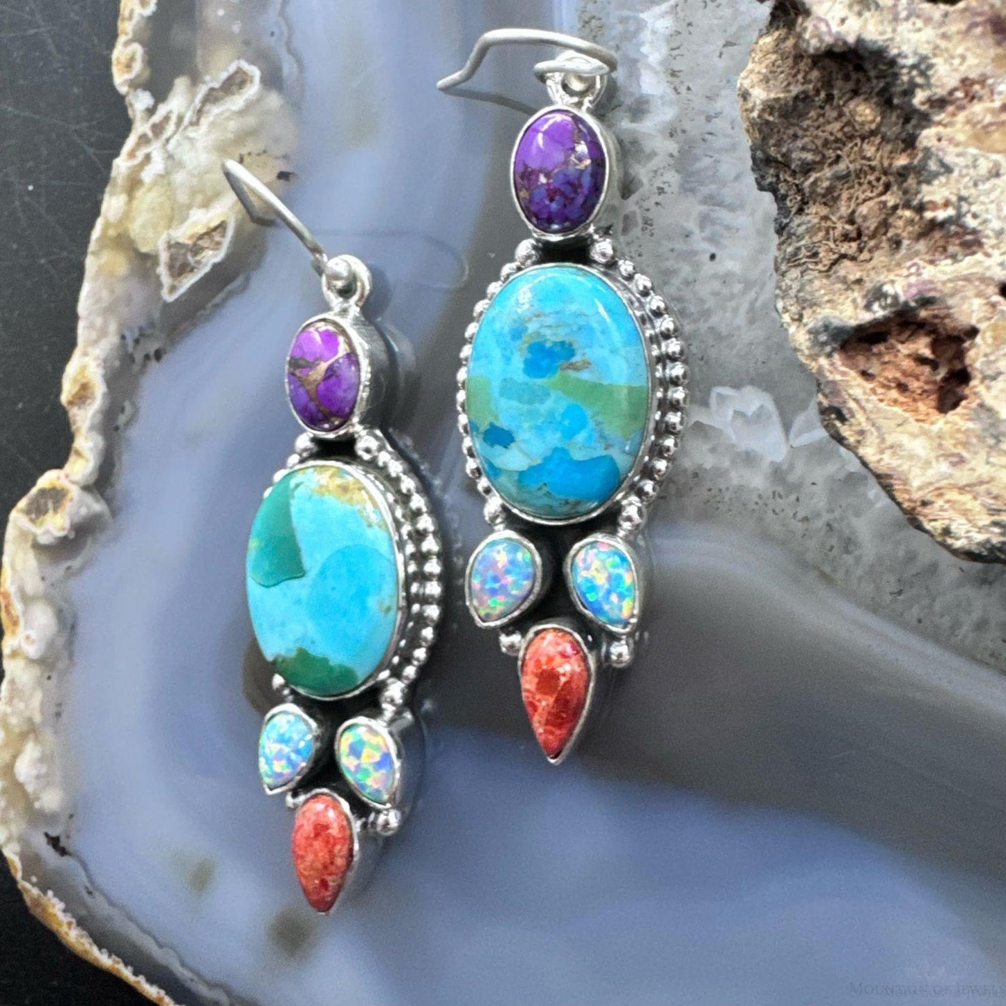 Sterling Silver Southwestern Style Multistone Cluster Dangle Earrings For Women #15