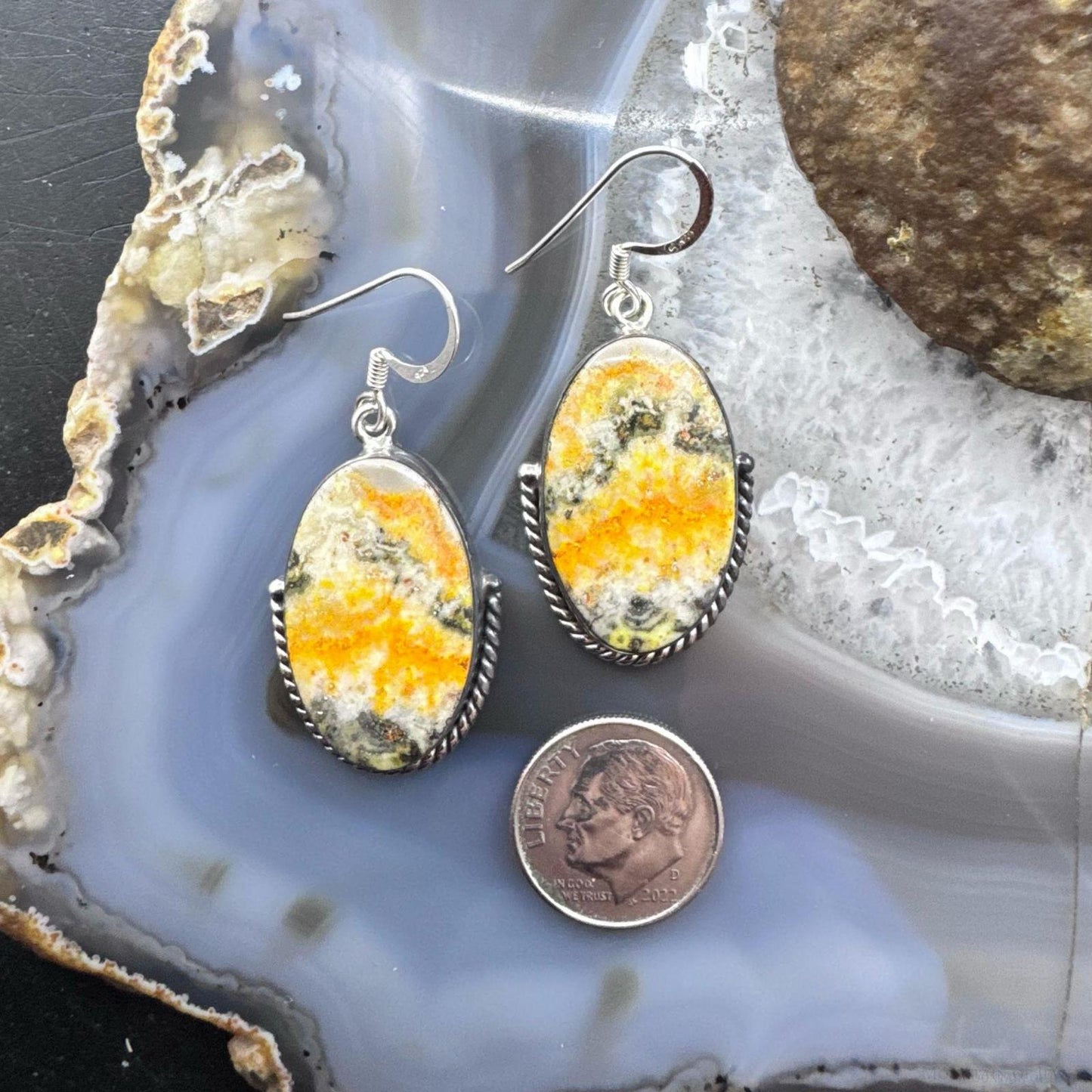 Sterling Silver Southwestern Style Large Oval Bumblebee Jasper Dangle Earrings For Women