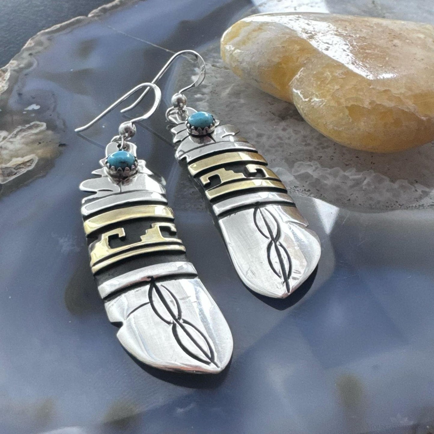 Tommy & Rosita Singer Sterling Silver & Gold Filled Turquoise Dot Feather Dangle Earrings For Women