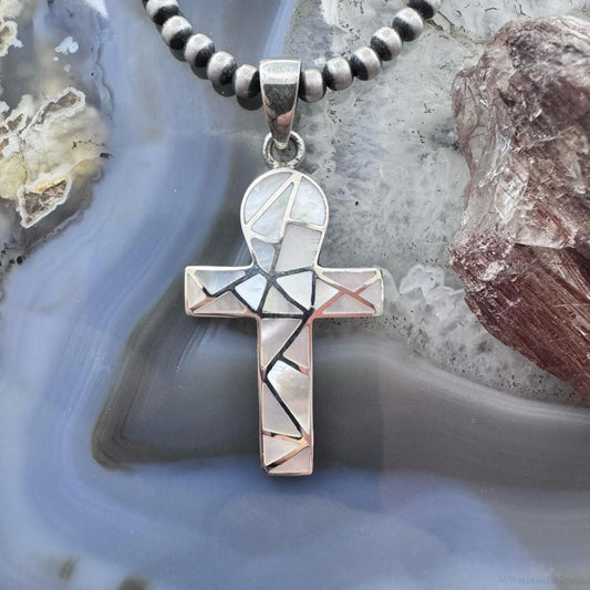 Sterling Silver Southwestern Style Mother of Pearl Inlay Unisex Cross Pendant