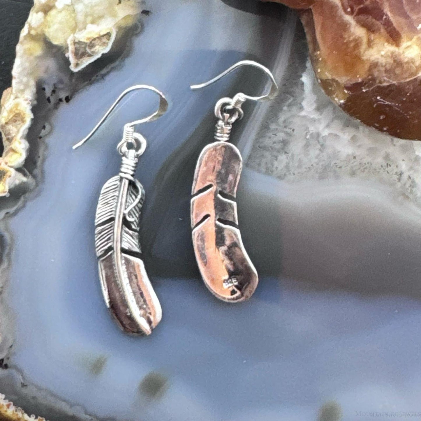 Sterling Silver Southwestern Style Curved Feather Dangle Earrings For Women