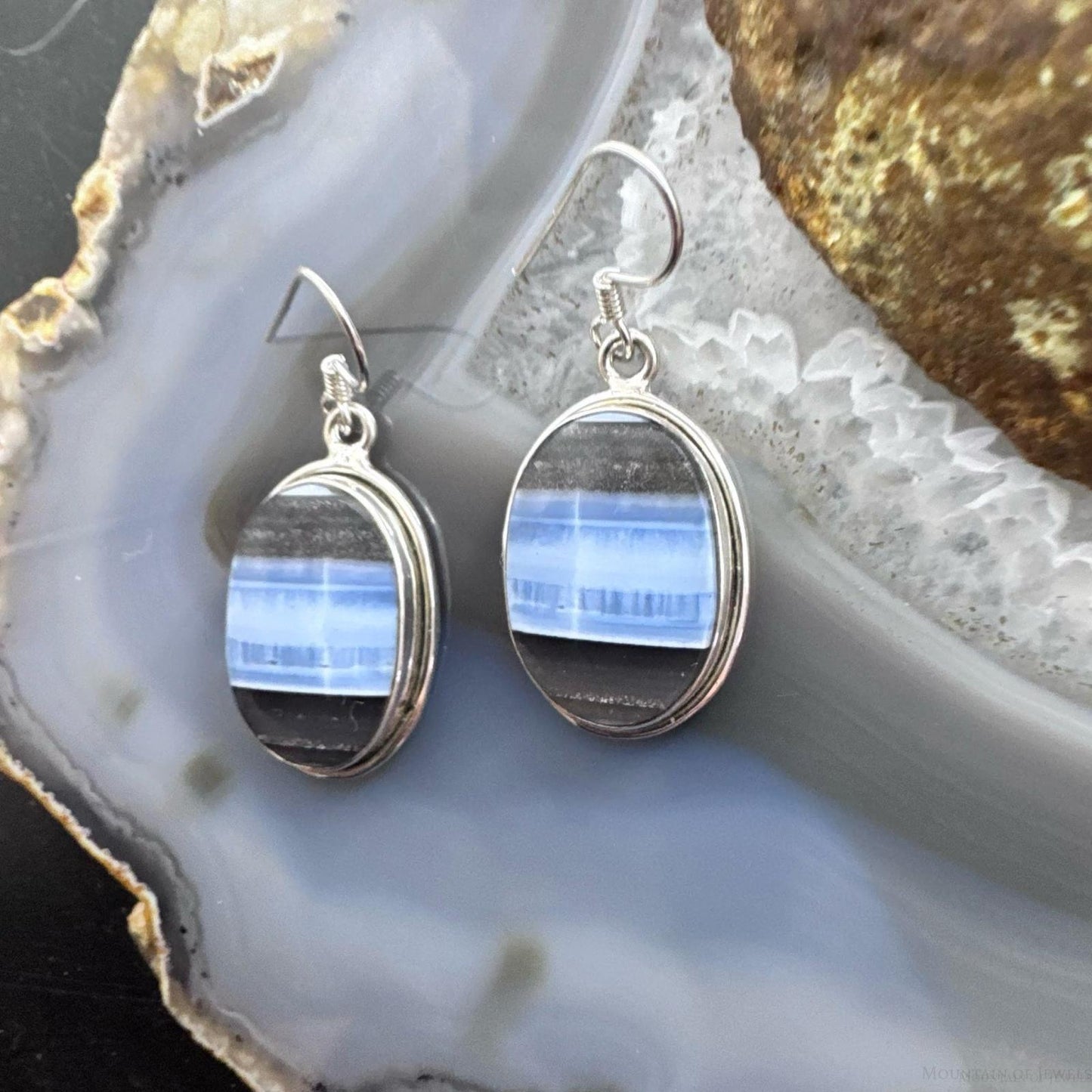 Sterling Silver Southwestern Style Oval Blue Opal Dangle Earrings For Women