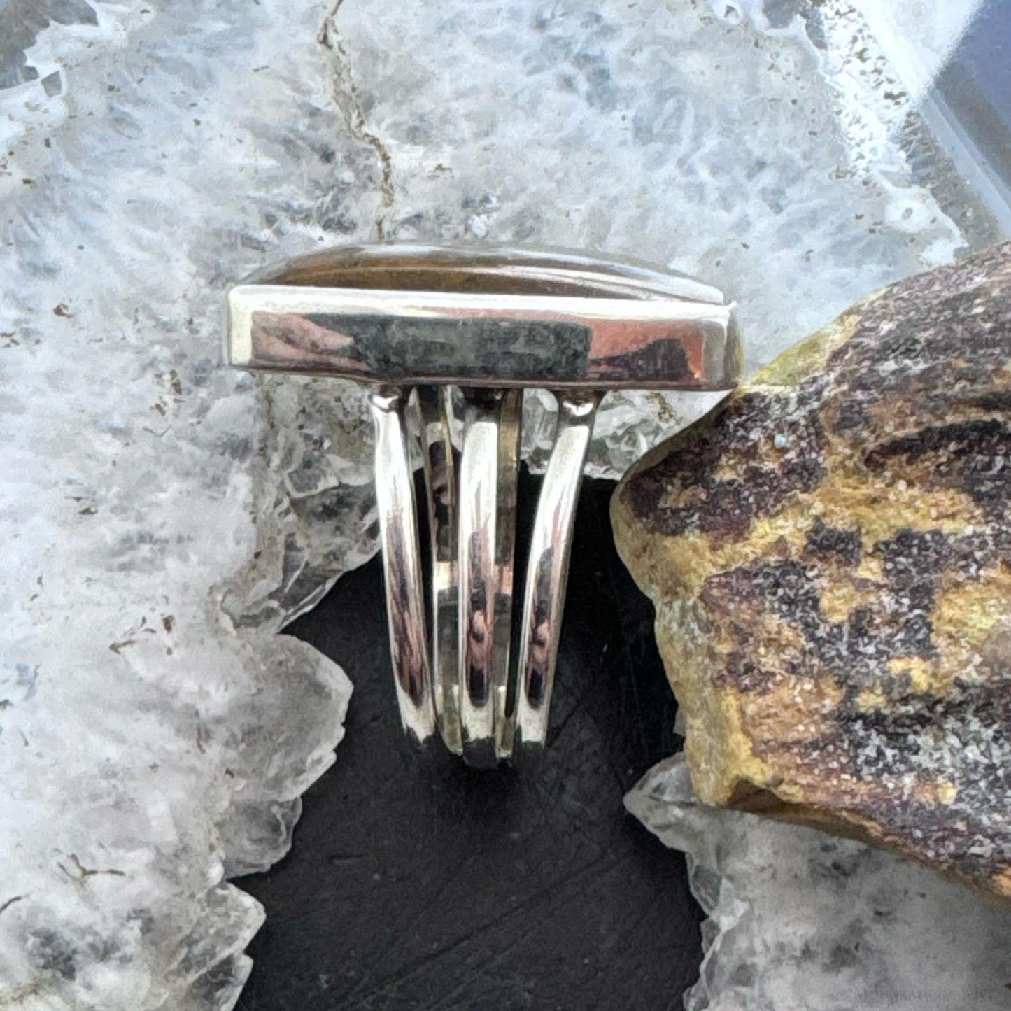 Sterling Silver Southwestern Style Rectangle Moroccan Seam Agate Ring Size 9.75 For Women