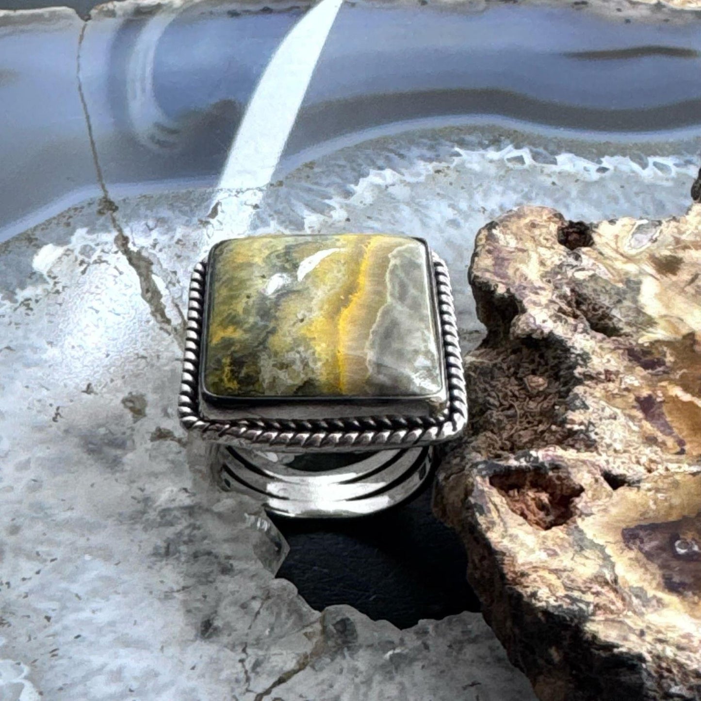 Sterling Silver Southwestern Style Bumblebee Jasper Bar Ring Size 7 For Women