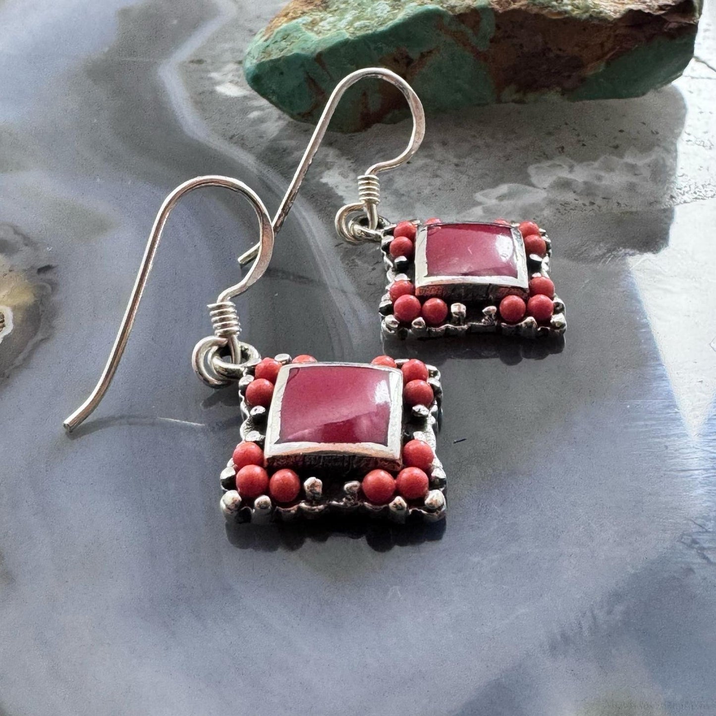 Sterling Silver Southwestern Style Red Gemstone Tiny Dangle Earrings For Women