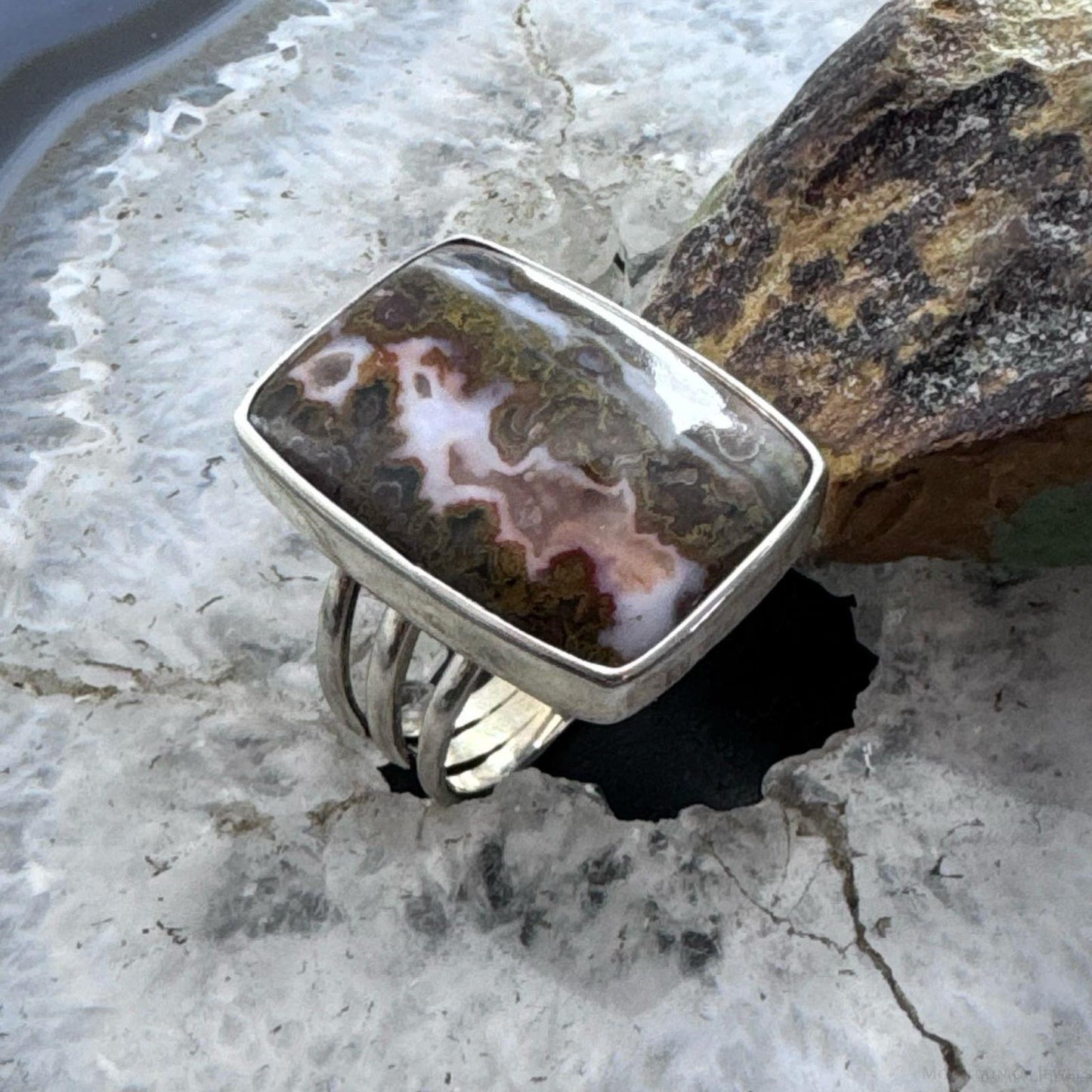 Sterling Silver Southwestern Style Rectangle Moroccan Seam Agate Ring Size 9.75 For Women