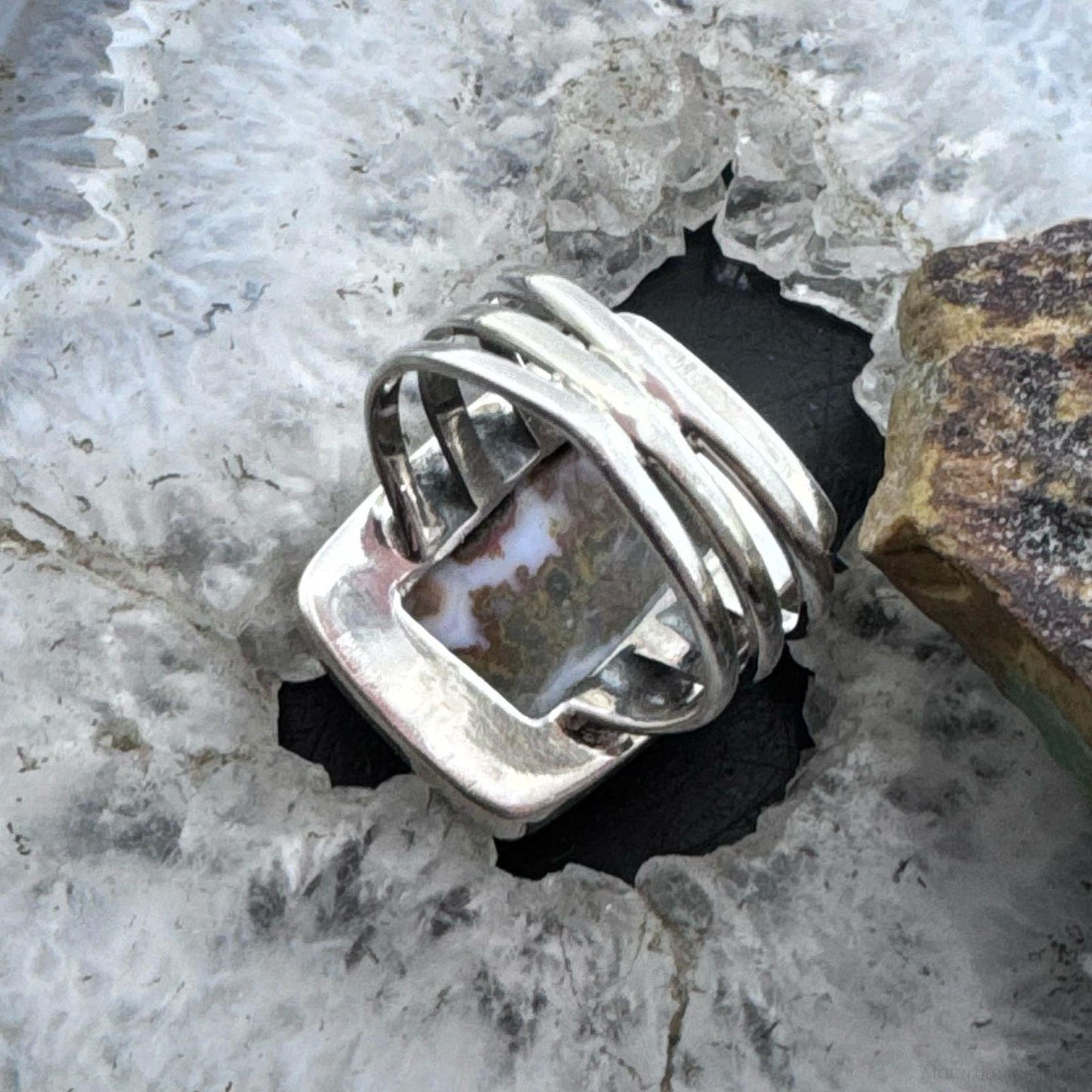 Sterling Silver Southwestern Style Rectangle Moroccan Seam Agate Ring Size 9.75 For Women