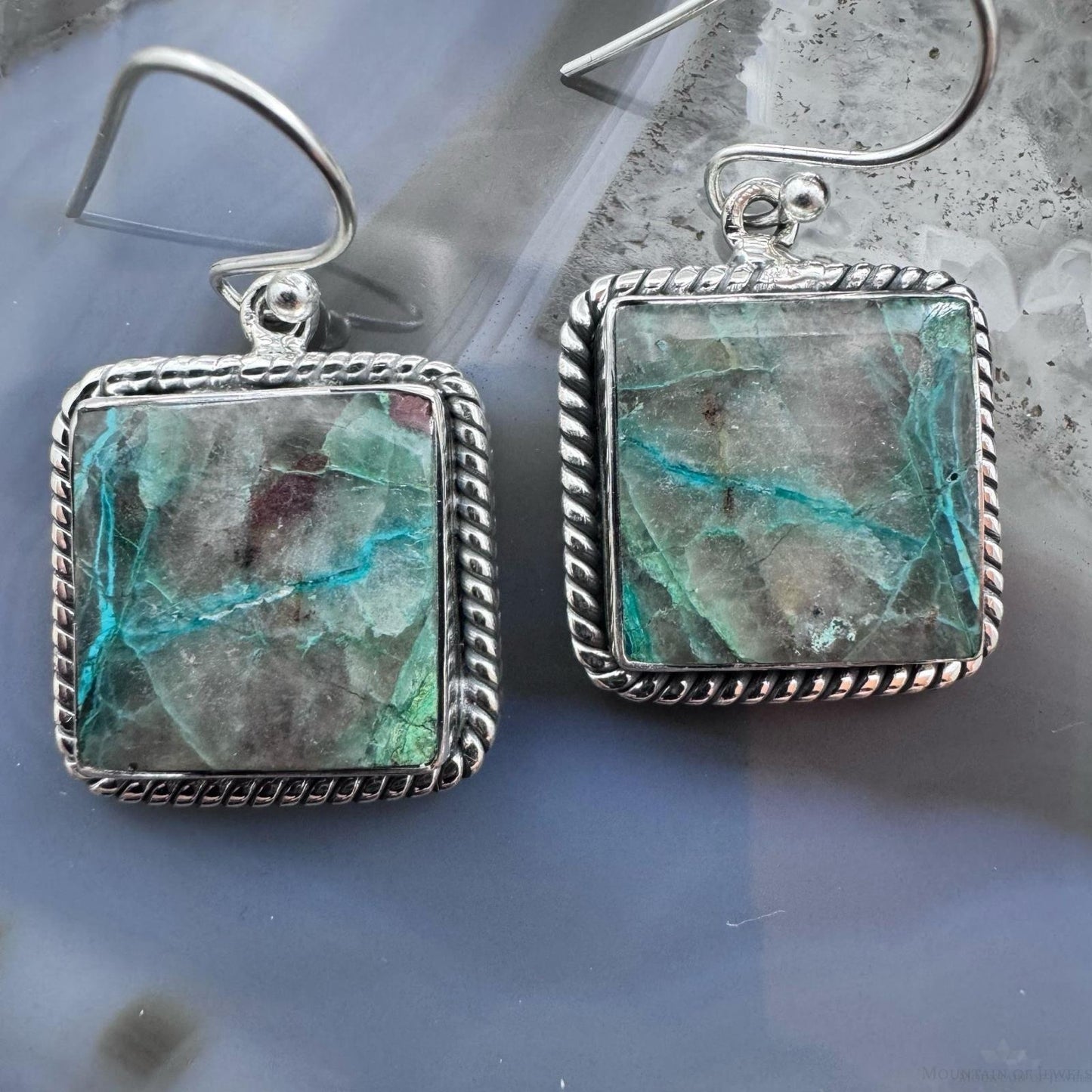 Sterling Silver Southwestern Style Square Green Shattuckite Dangle Earrings For Women