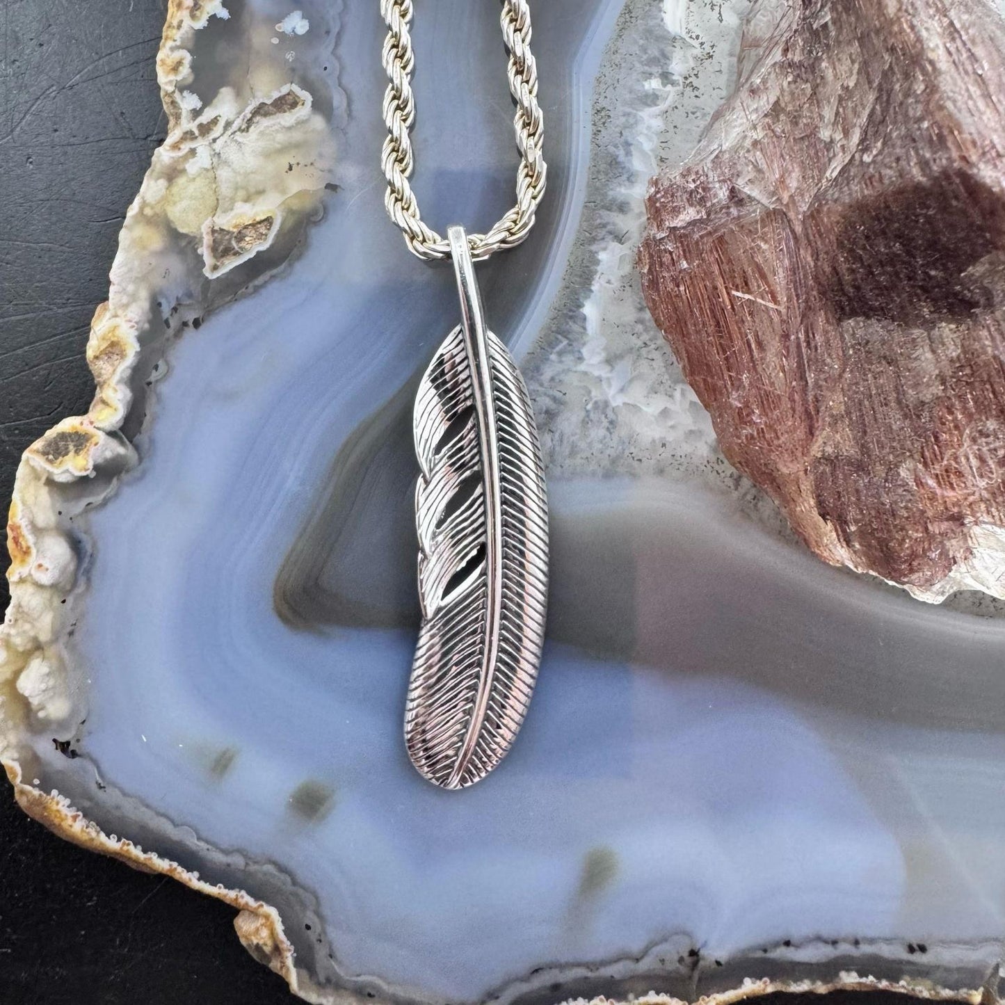 Sterling Silver Southwestern Style Curved Feather Unisex Pendant For Women