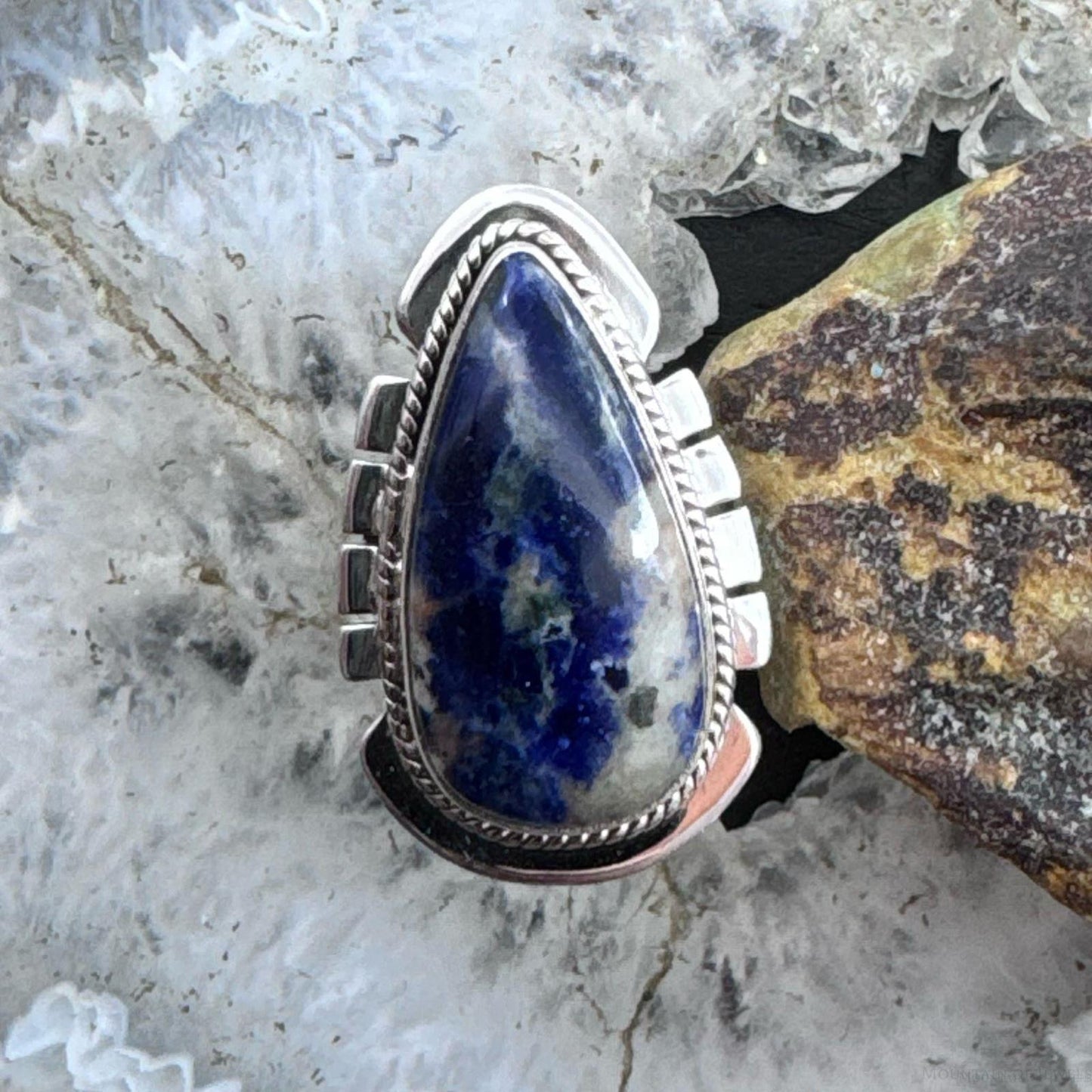 Sterling Silver Southwestern Style Teardrop Sodalite Decorated Ring Size 7 For Women