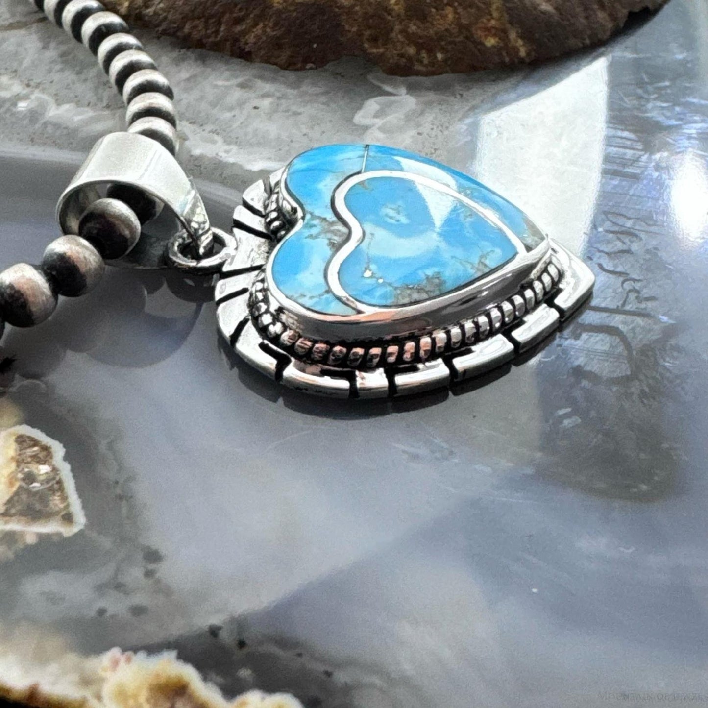 Native American Sterling Silver Blue Ridge Turquoise Decorated Double Heart Pendant For Women #1