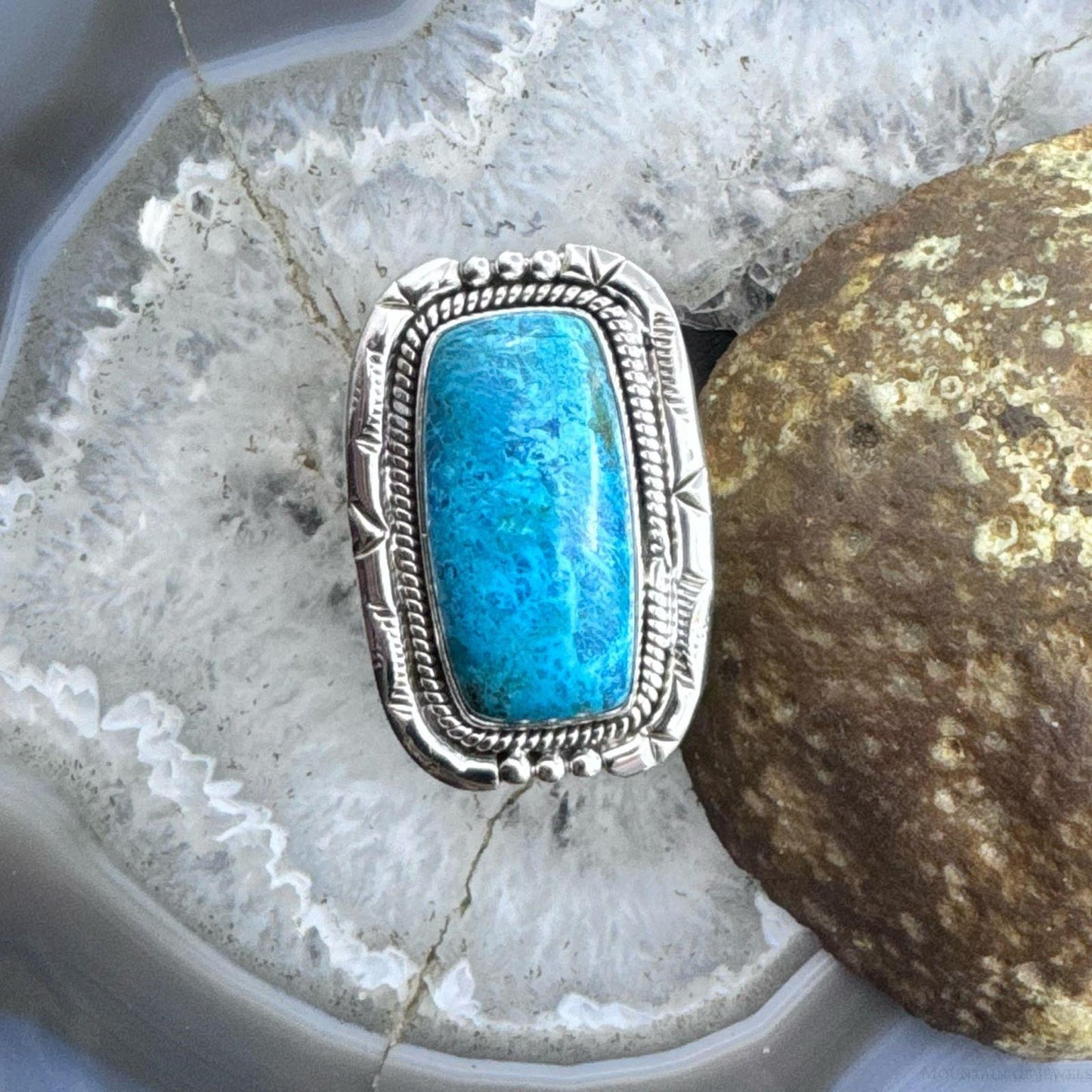 Sterling Silver Southwestern Style Chrysocolla Decorated Bar Ring Size 8 For Women