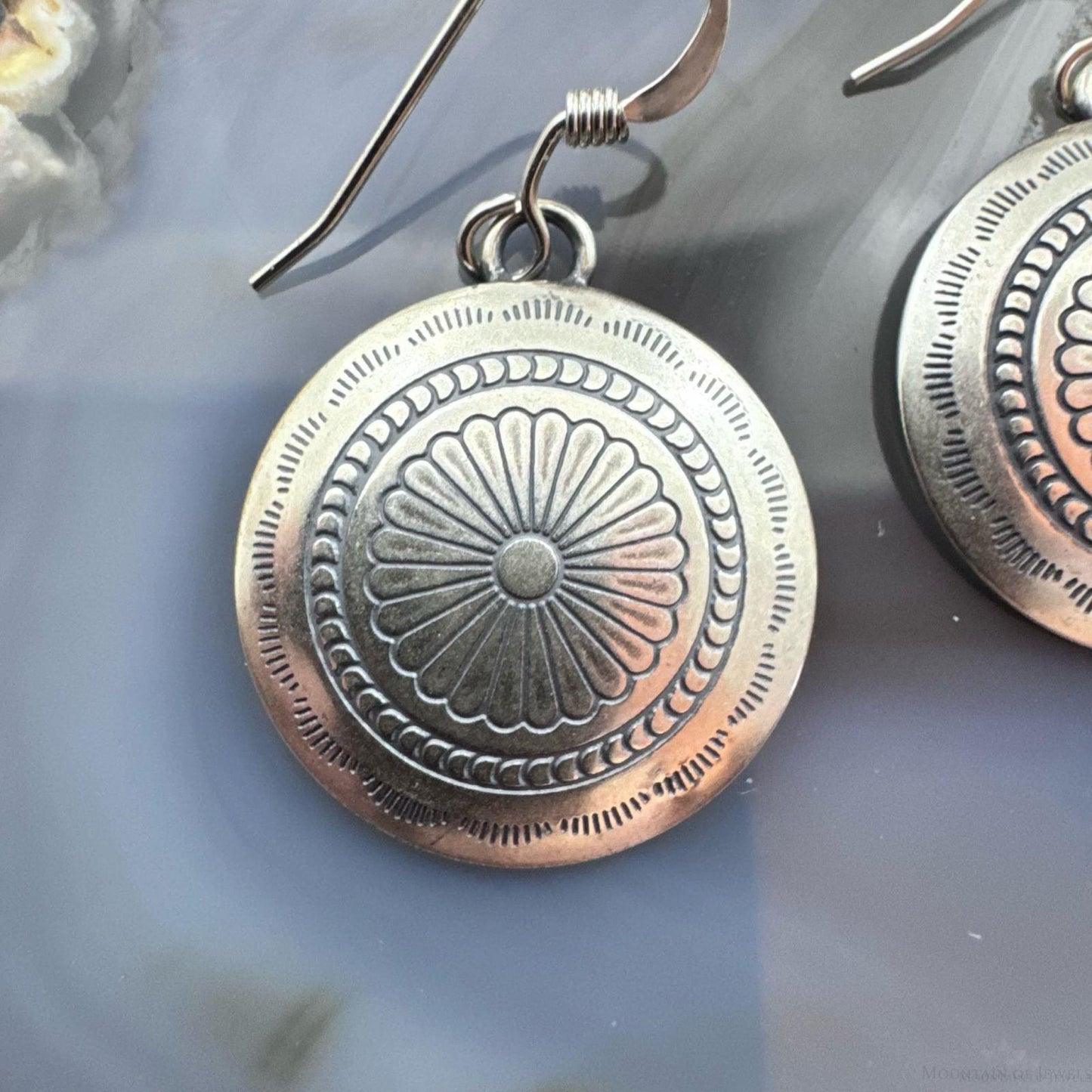 Native American Sterling Silver Stamped Rounded Concho Dangle Earrings For Women
