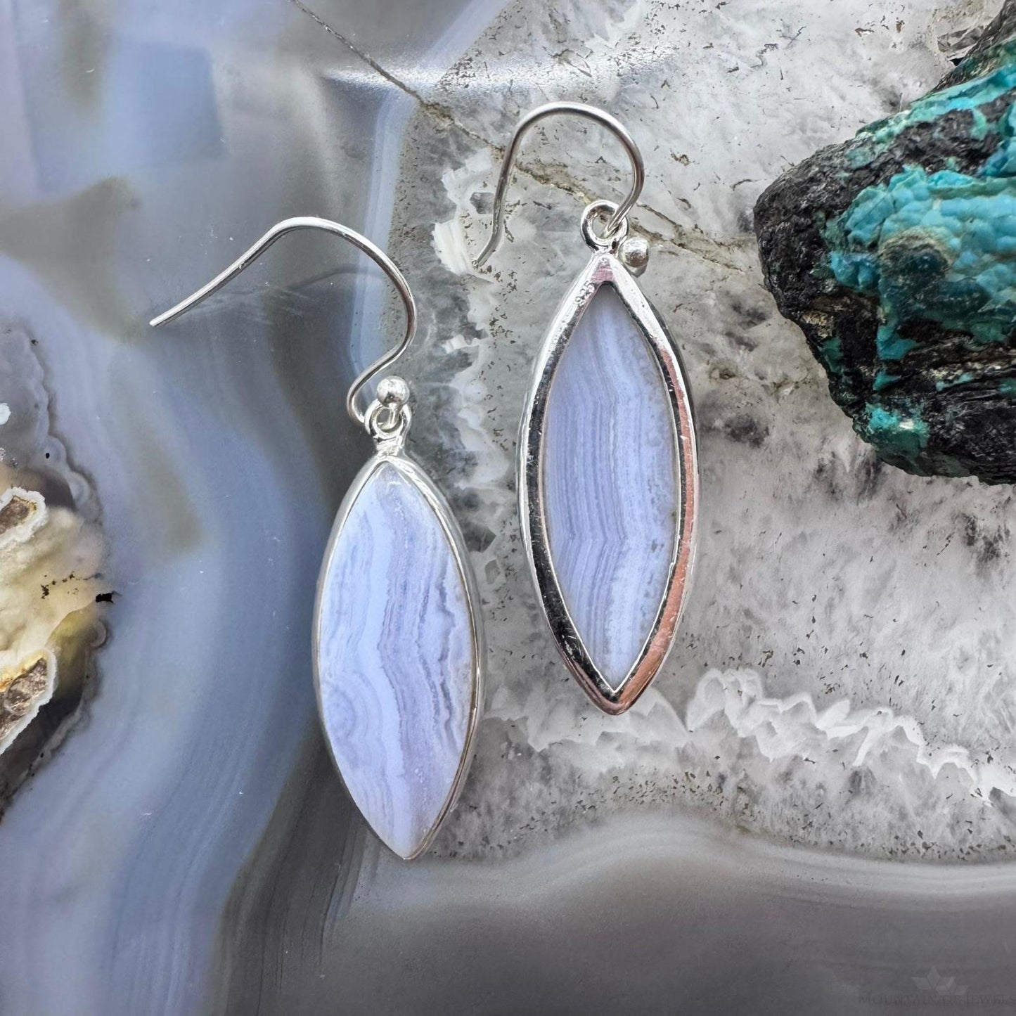 Sterling Silver Southwestern Style Marquise Blue Lace Agate Dangle Earrings For Women