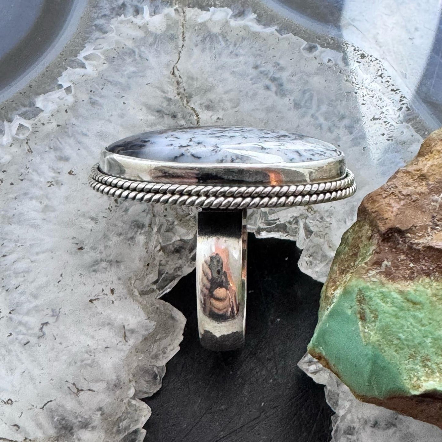 Sterling Silver Southwestern Style Oval Dendrite Decorated Ring Size 8 For Women