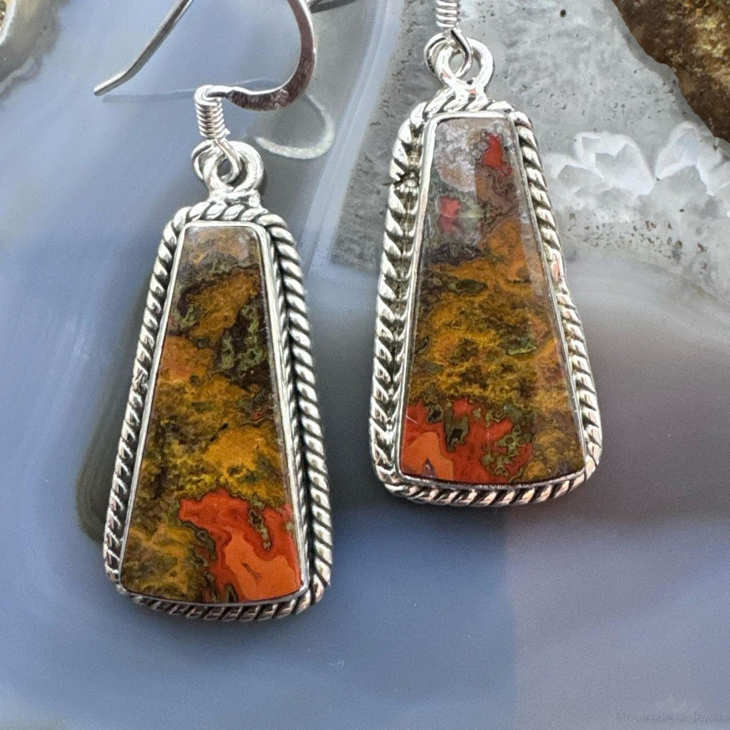 Sterling Silver Southwestern Style Trapezoid Moroccan Seam Agate Dangle Earrings For Women