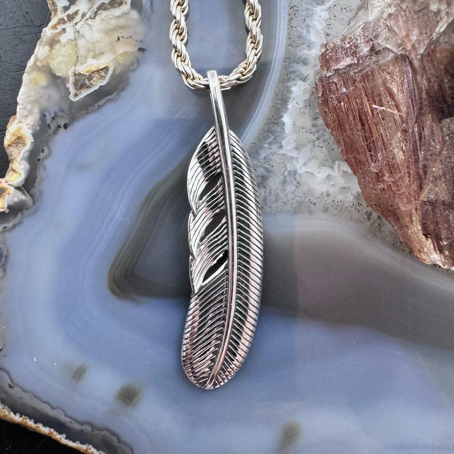 Sterling Silver Southwestern Style Curved Feather Unisex Pendant For Women