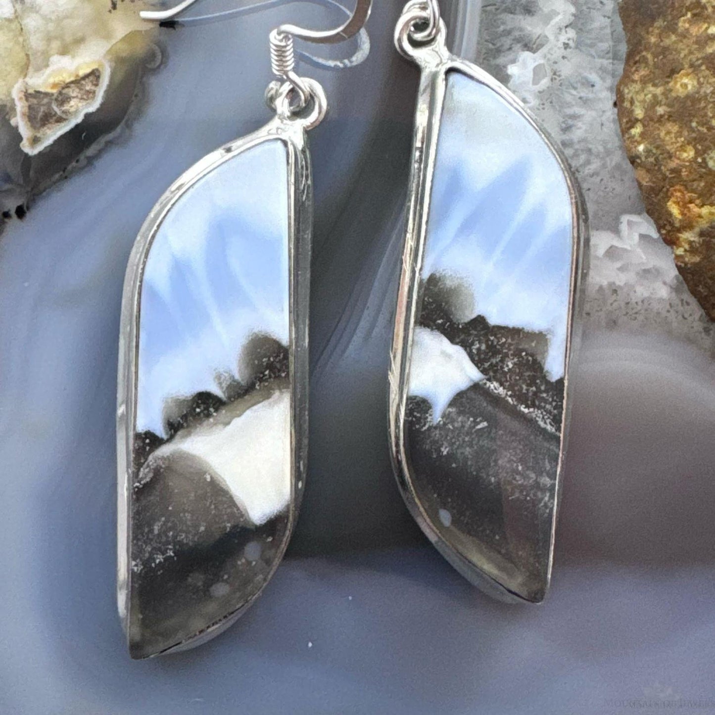 Sterling Silver Southwestern Style Tilde-shape Blue Opal Agate Dangle Earrings For Women