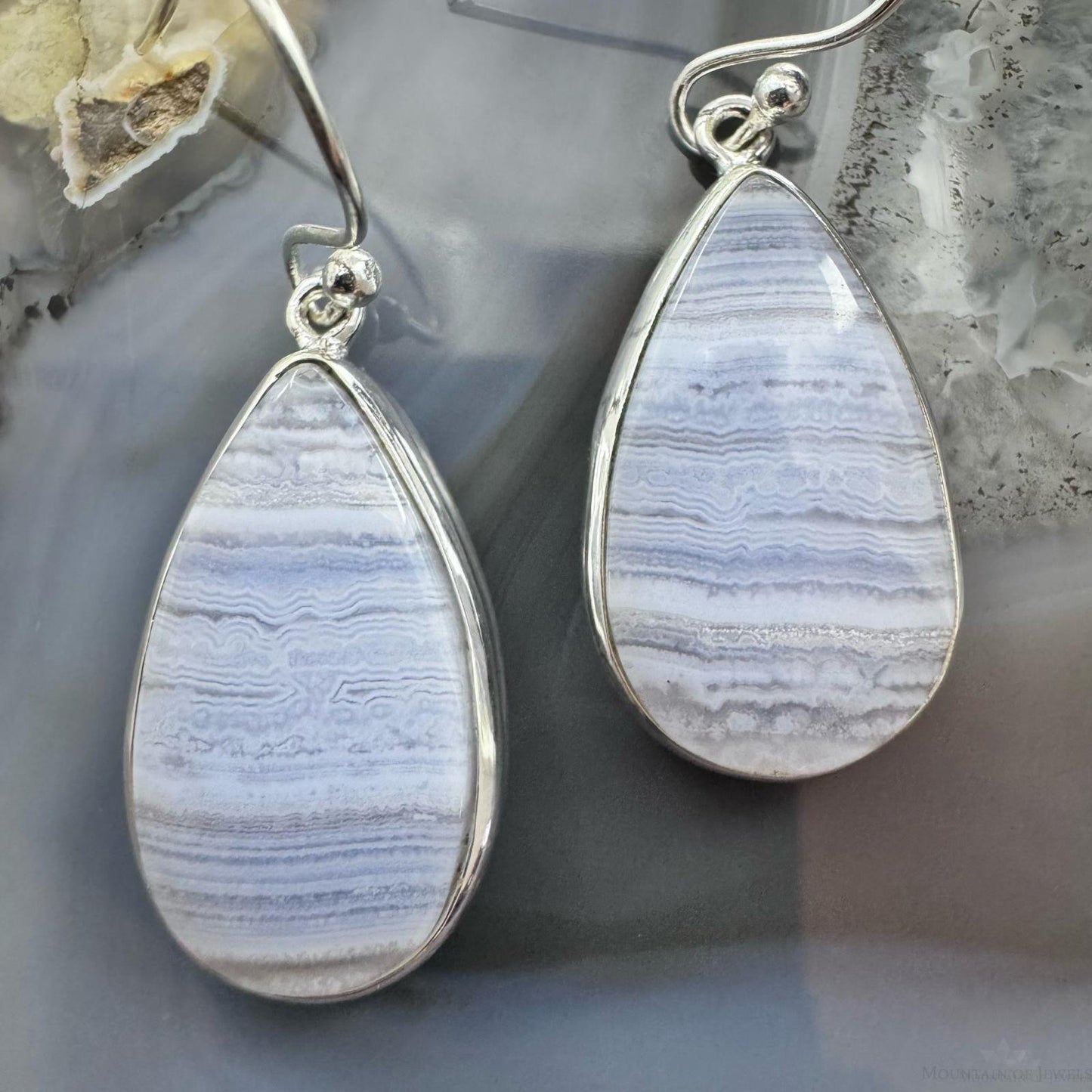 Sterling Silver Southwestern Style Teardrop Blue Lace Agate Dangle Earrings For Women