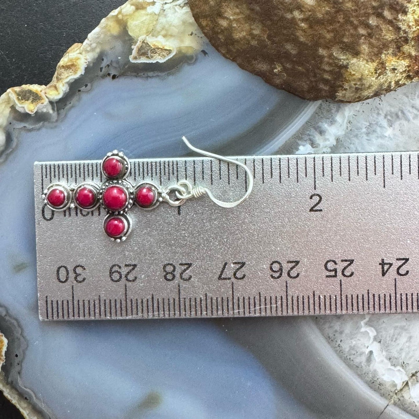 Sterling Silver 6 Red Gemstone Decorated Cross Fashion Dangle Earrings For Women