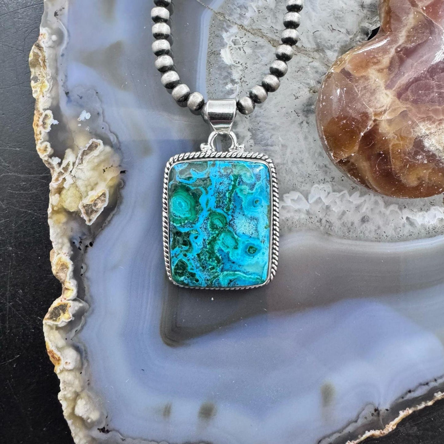 Sterling Silver Southwestern Style Rectangle Azurite Malachite Unisex Pendant