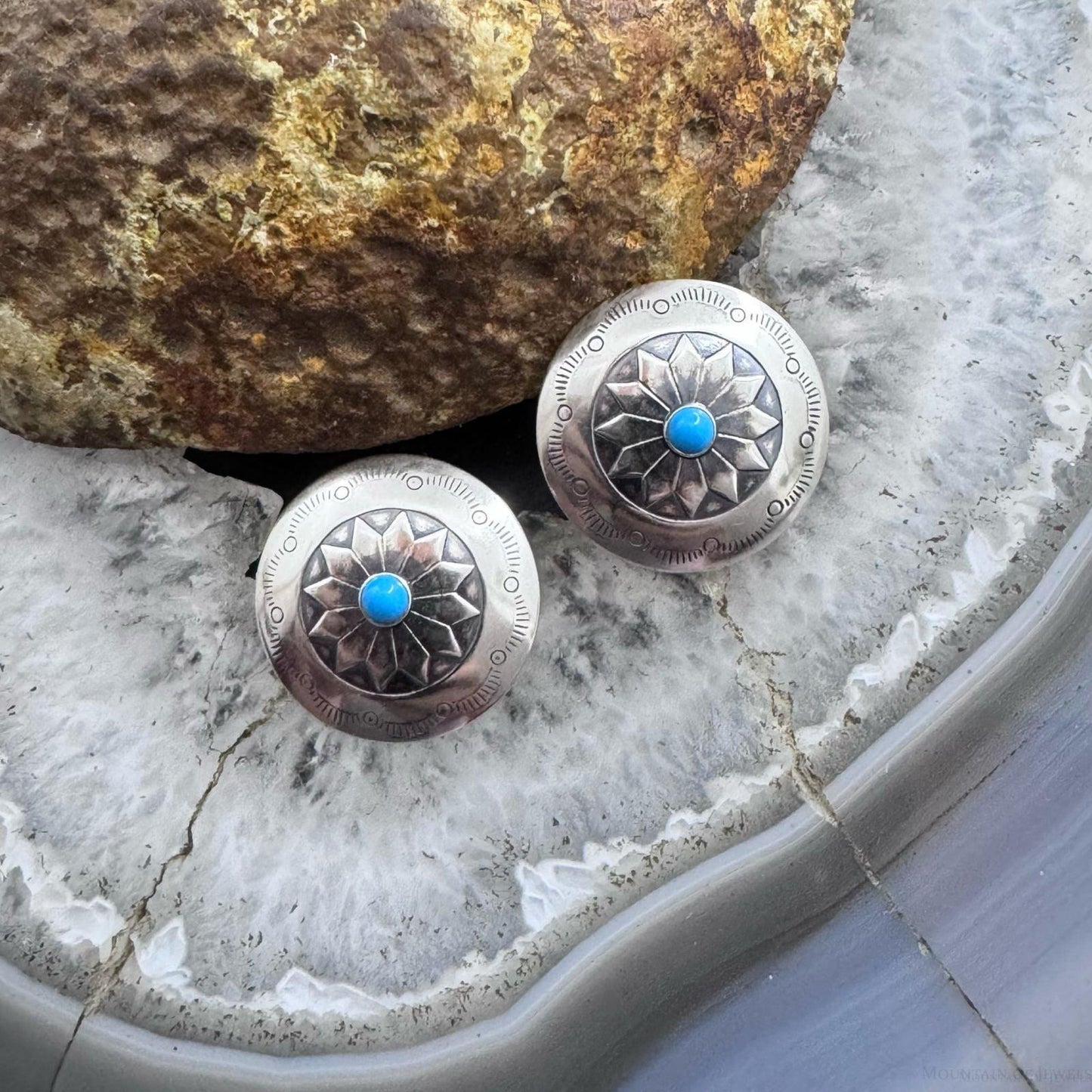 Native American Sterling Stamped Rounded Concho w/Turquoise Post Earrings