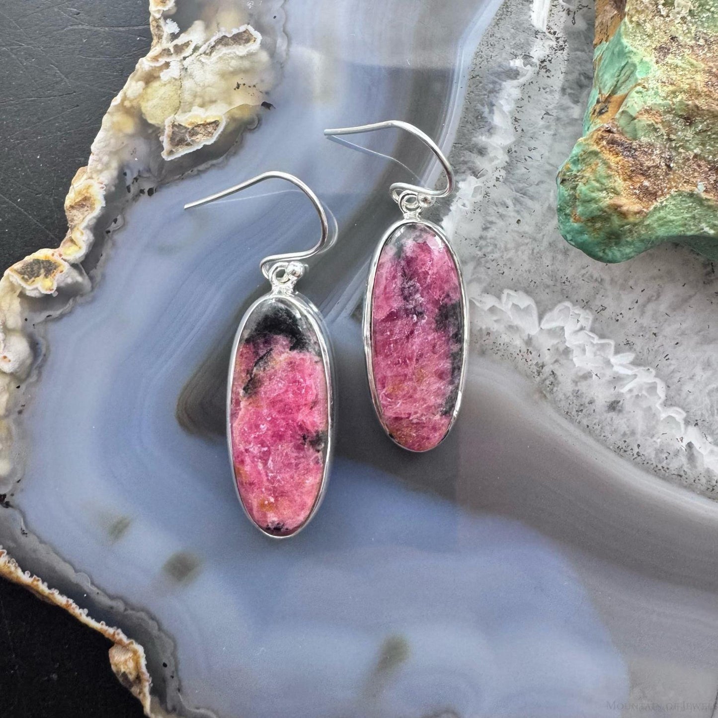 Sterling Silver Southwestern Style Oval Rhodonite Dangle Earrings For Women
