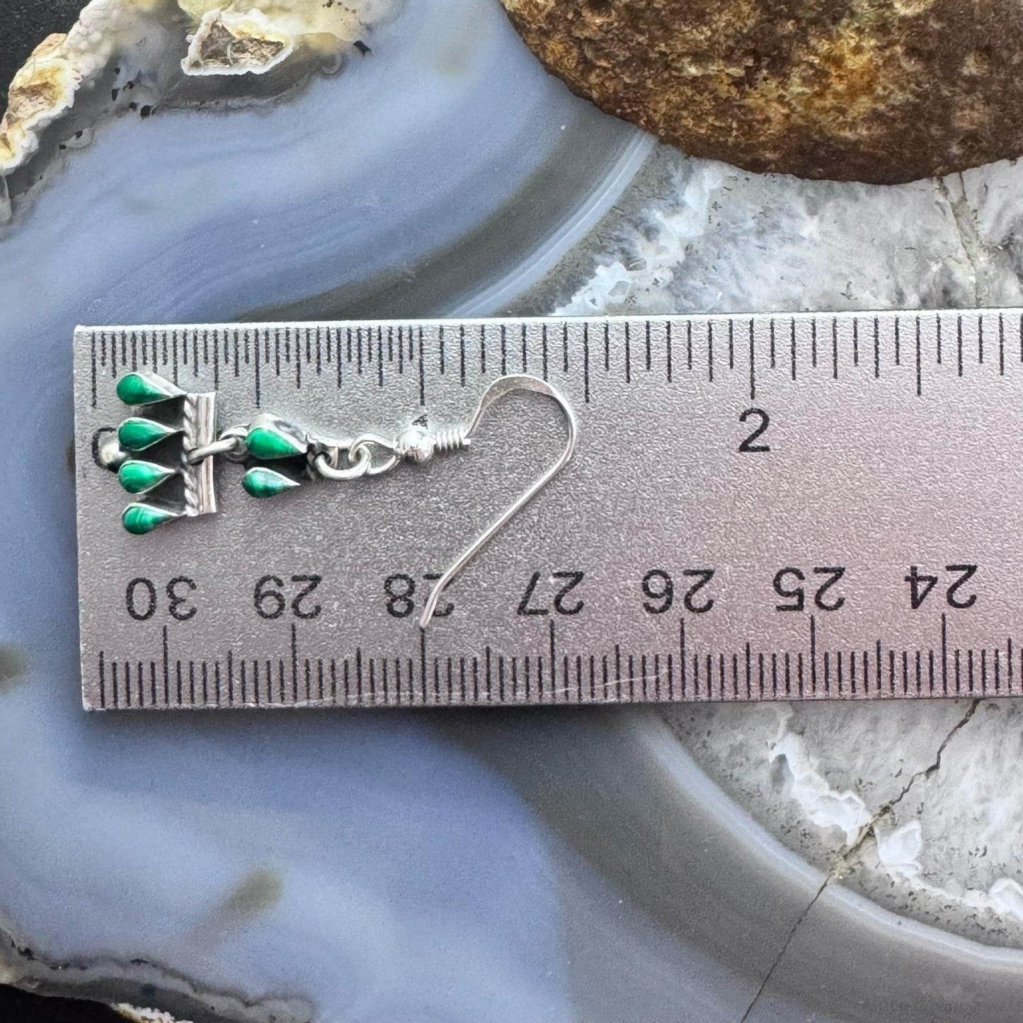 Sterling Silver Southwestern Teardrop Malachite Tiny Dangle Earrings For Women