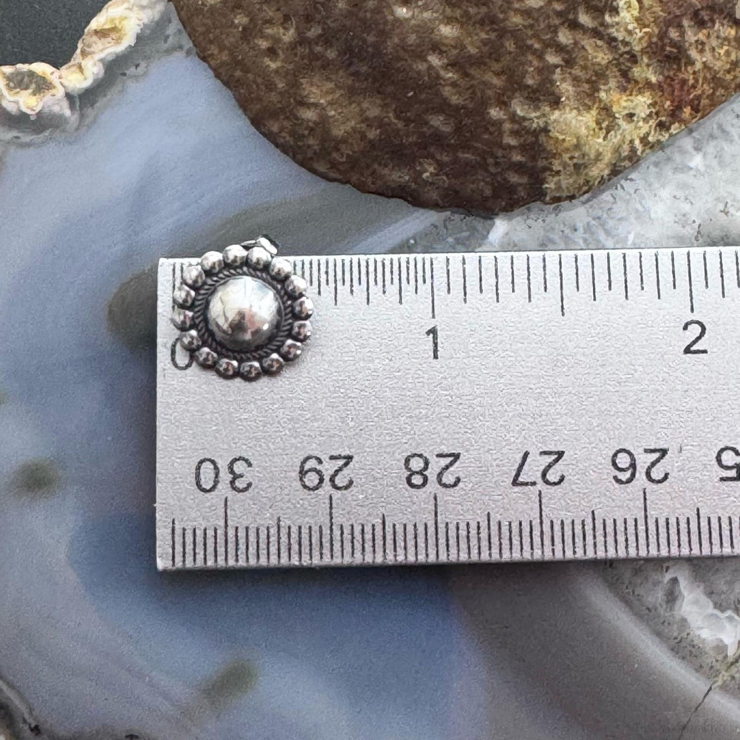 Native American Sterling Silver Stamped Rounded Concho Repousse Post Earrings