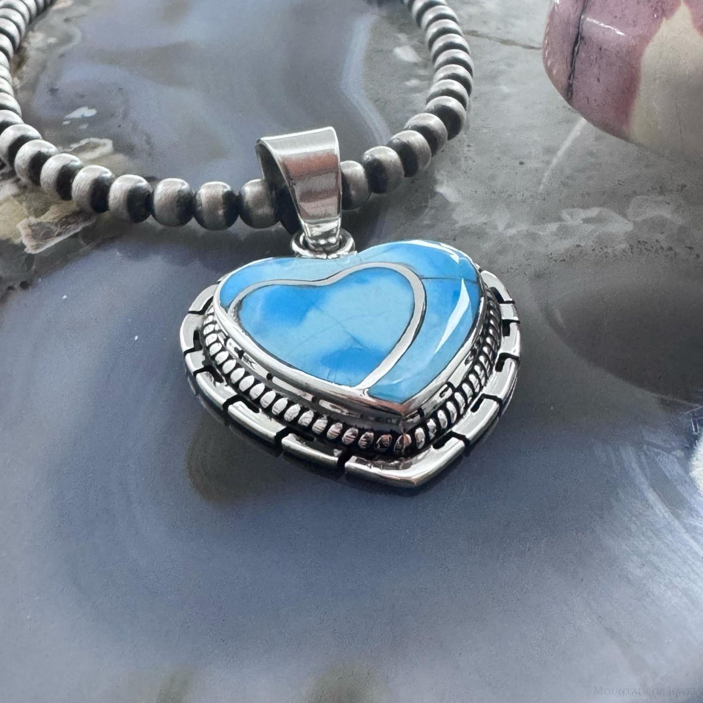 Native American Sterling Silver Blue Ridge Turquoise Decorated Double Heart Pendant For Women