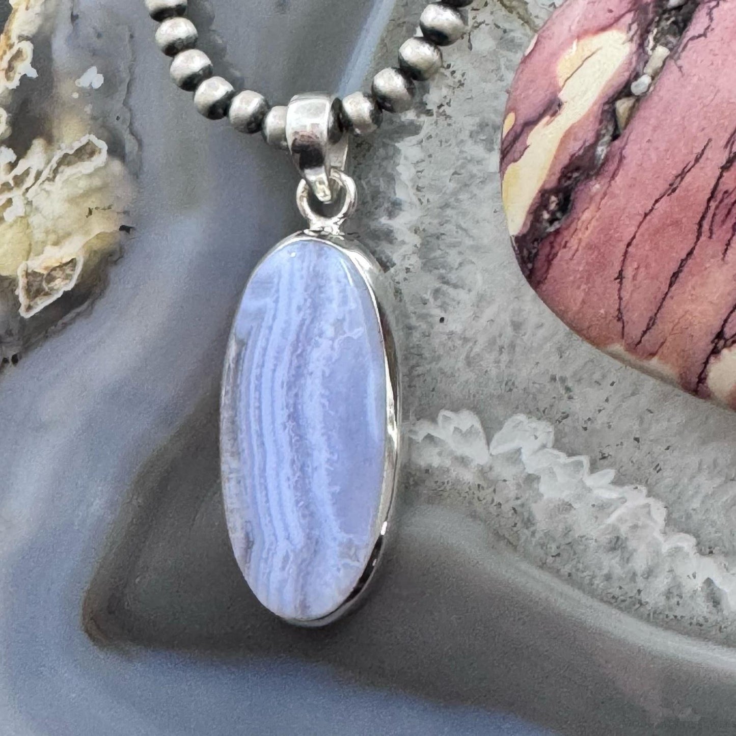 Sterling Silver Southwestern Style Elongated Oval Blue Lace Agate Pendant For Women
