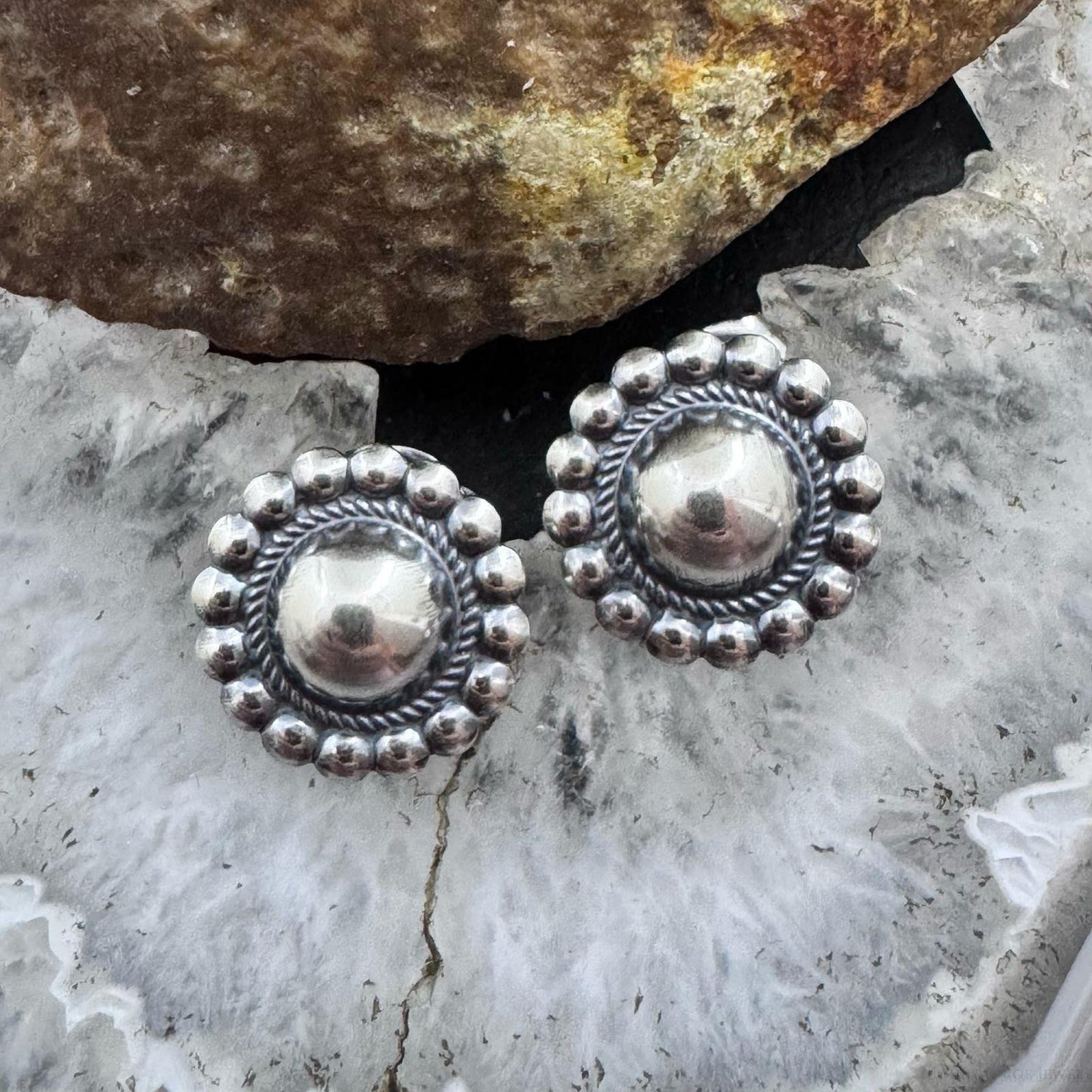 Native American Sterling Silver Stamped Rounded Concho Repousse Post Earrings