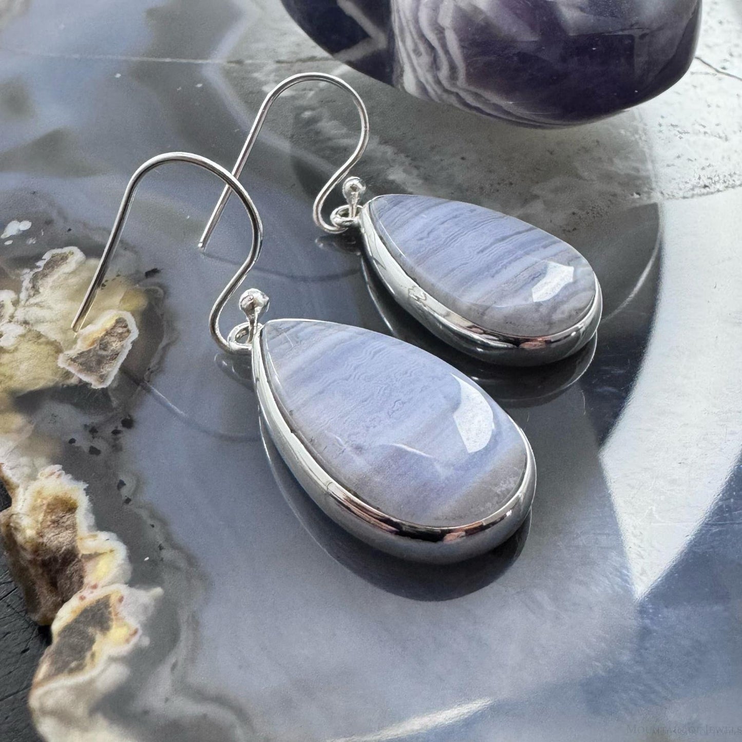 Sterling Silver Southwestern Style Teardrop Blue Lace Agate Dangle Earrings For Women