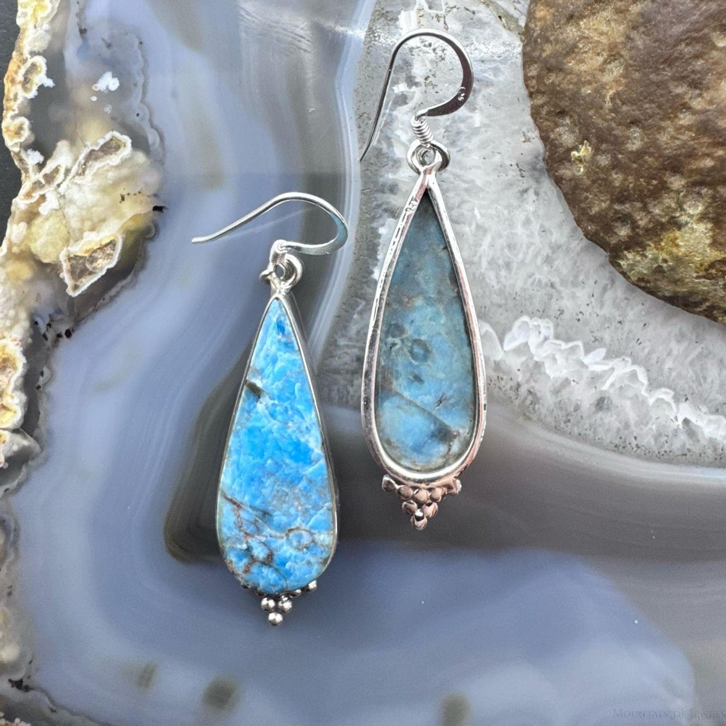 Sterling Silver Southwestern Style Elongated Teardrop Apatite Dangle Earrings For Women