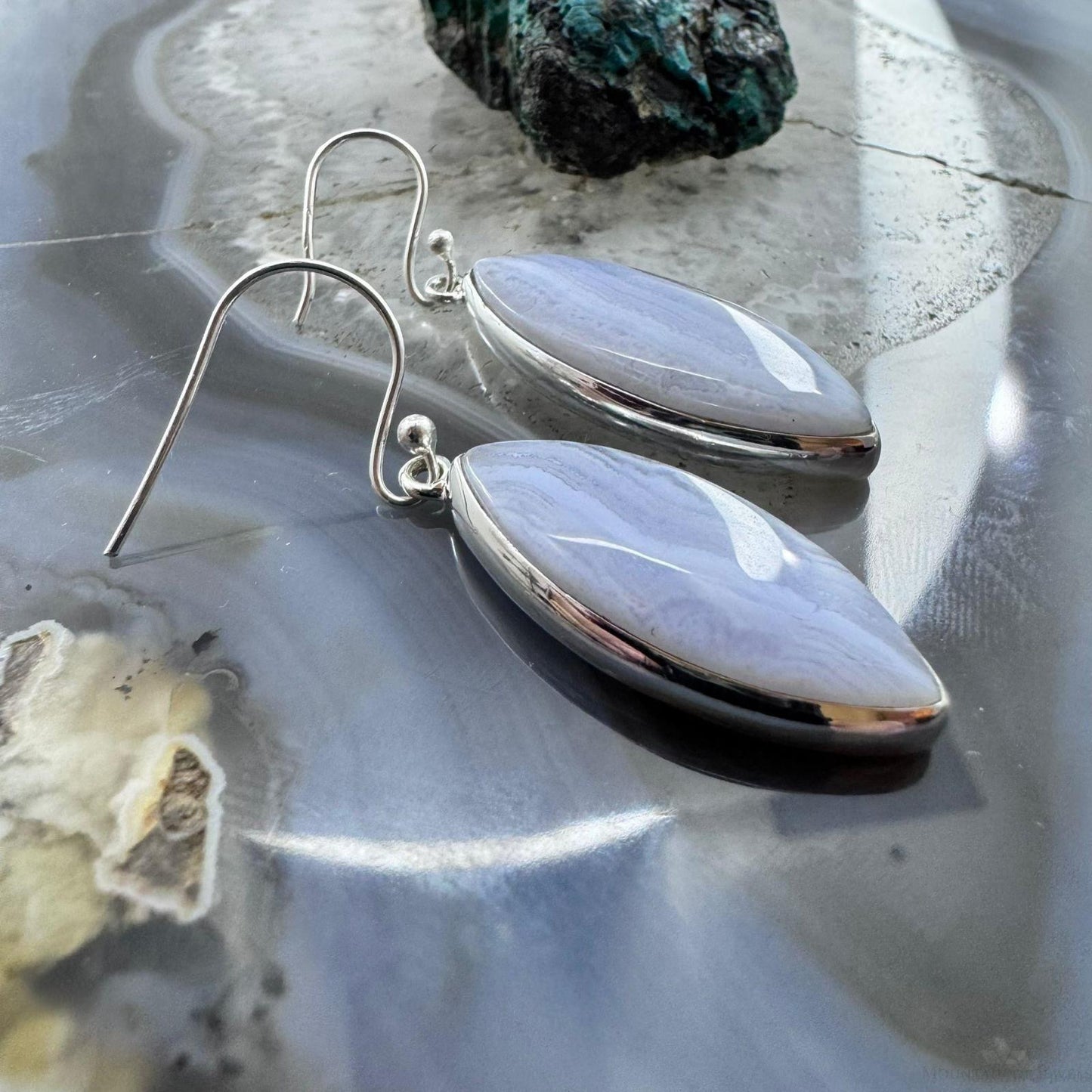 Sterling Silver Southwestern Style Marquise Blue Lace Agate Dangle Earrings For Women