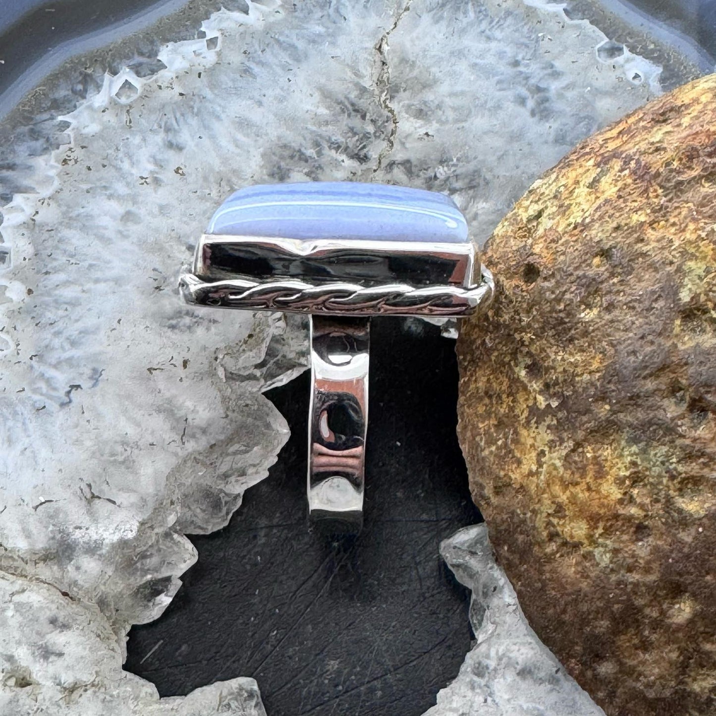 Sterling Silver Southwestern Style Blue Lace Agate Bar Ring Size 8 For Women