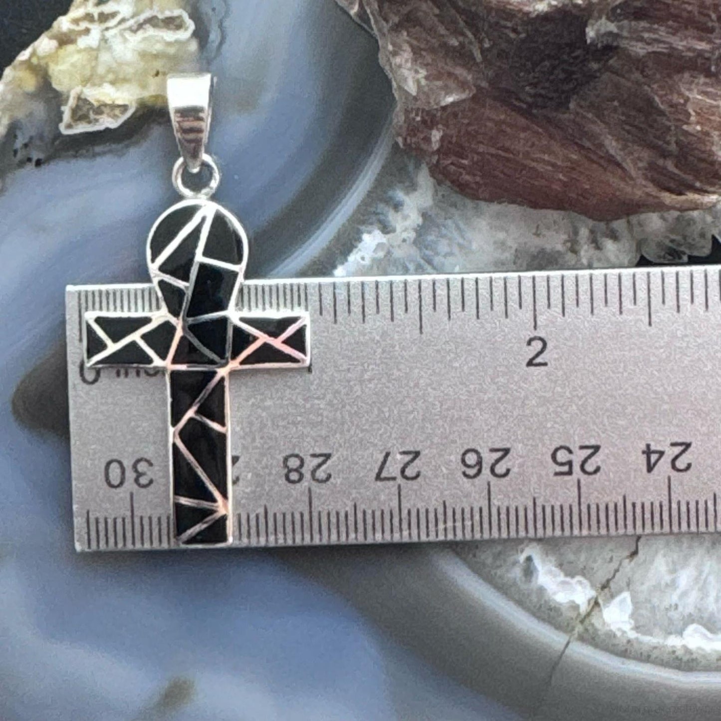 Sterling Silver Southwestern Style Onyx Inlay Unisex Cross Pendant
