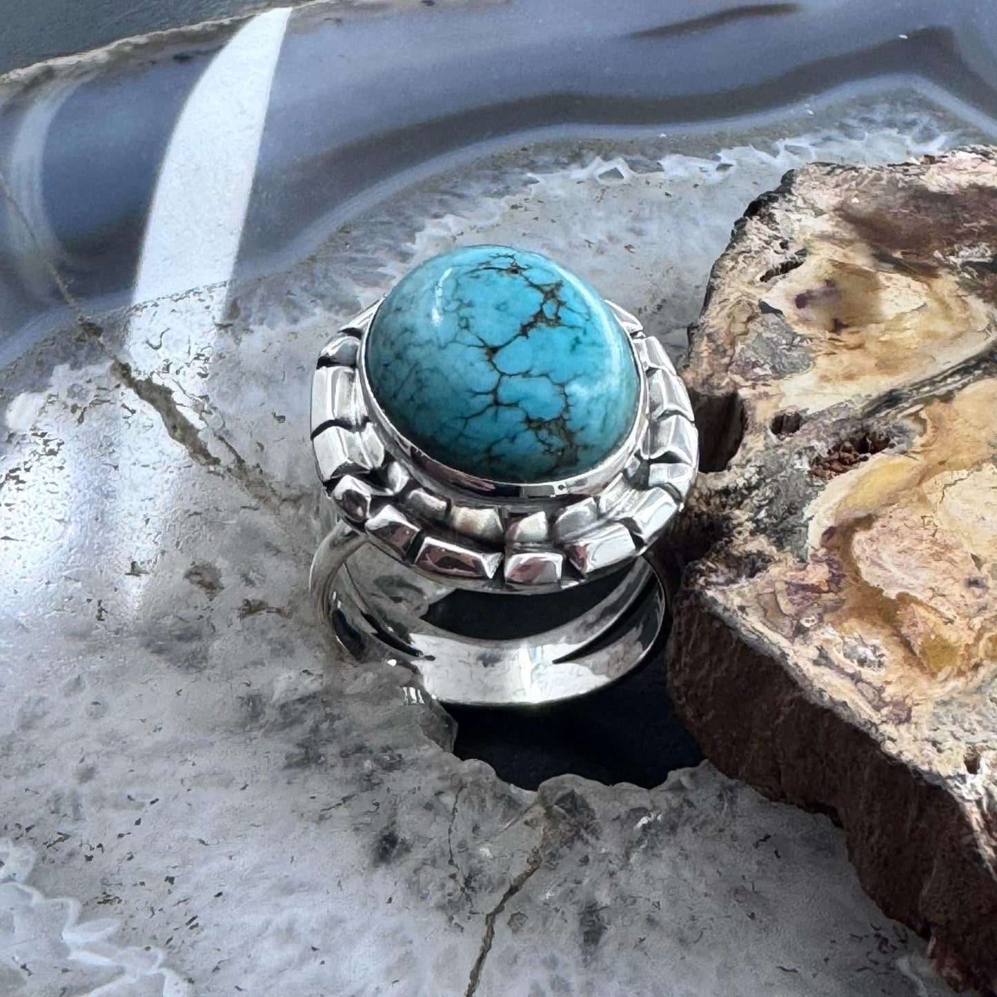 Sterling Silver Southwestern Style Oval Tibetan Turquoise Ring Size 8.75 For Women