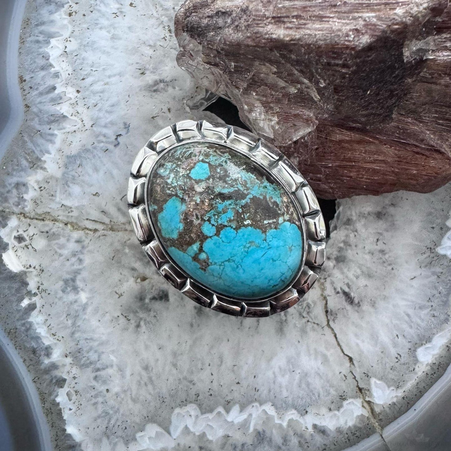 Sterling Silver Southwestern Style Oval Tibetan Turquoise Ring Size 7.5 For Women