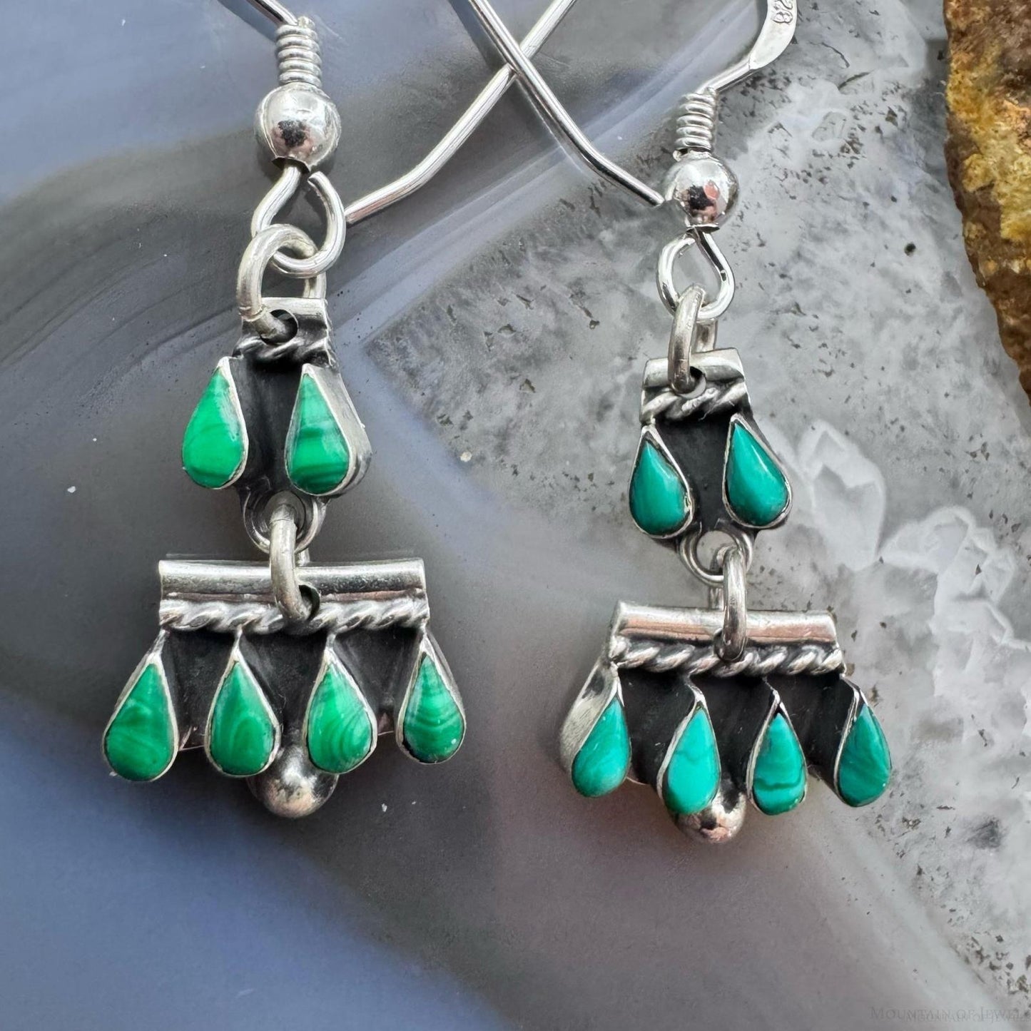 Sterling Silver Southwestern Teardrop Malachite Tiny Dangle Earrings For Women