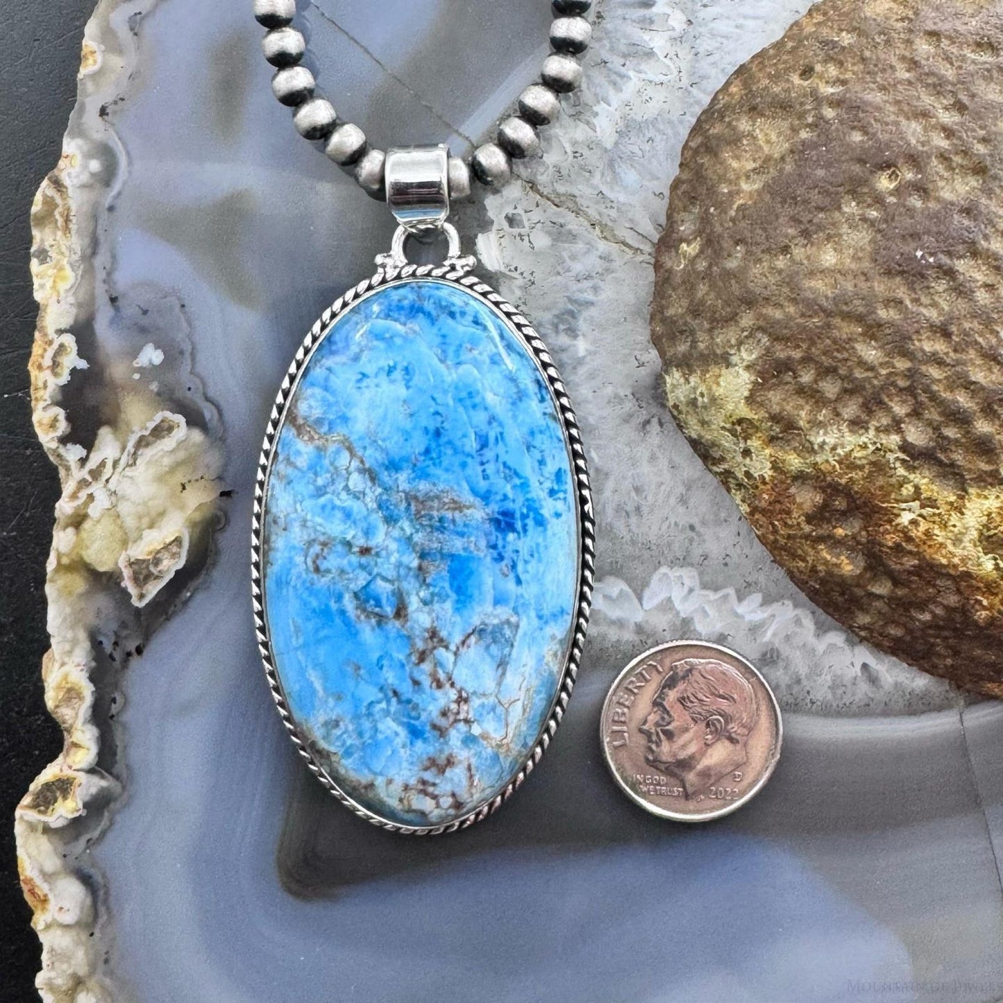 Sterling Silver Southwestern Style Elongated Oval Apatite Pendant For Women