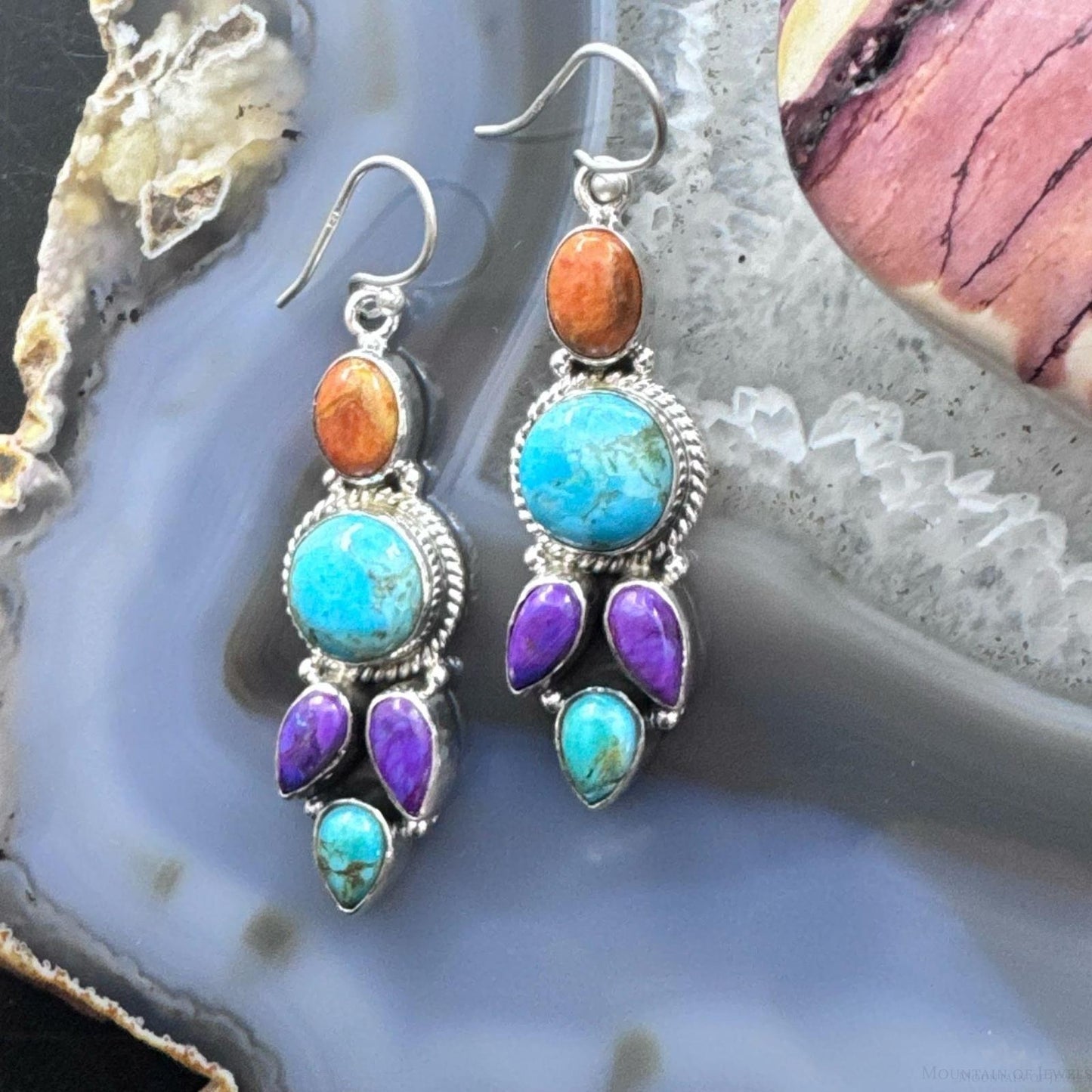 Sterling Silver Southwestern Style Multistone Cluster Dangle Earrings For Women #19