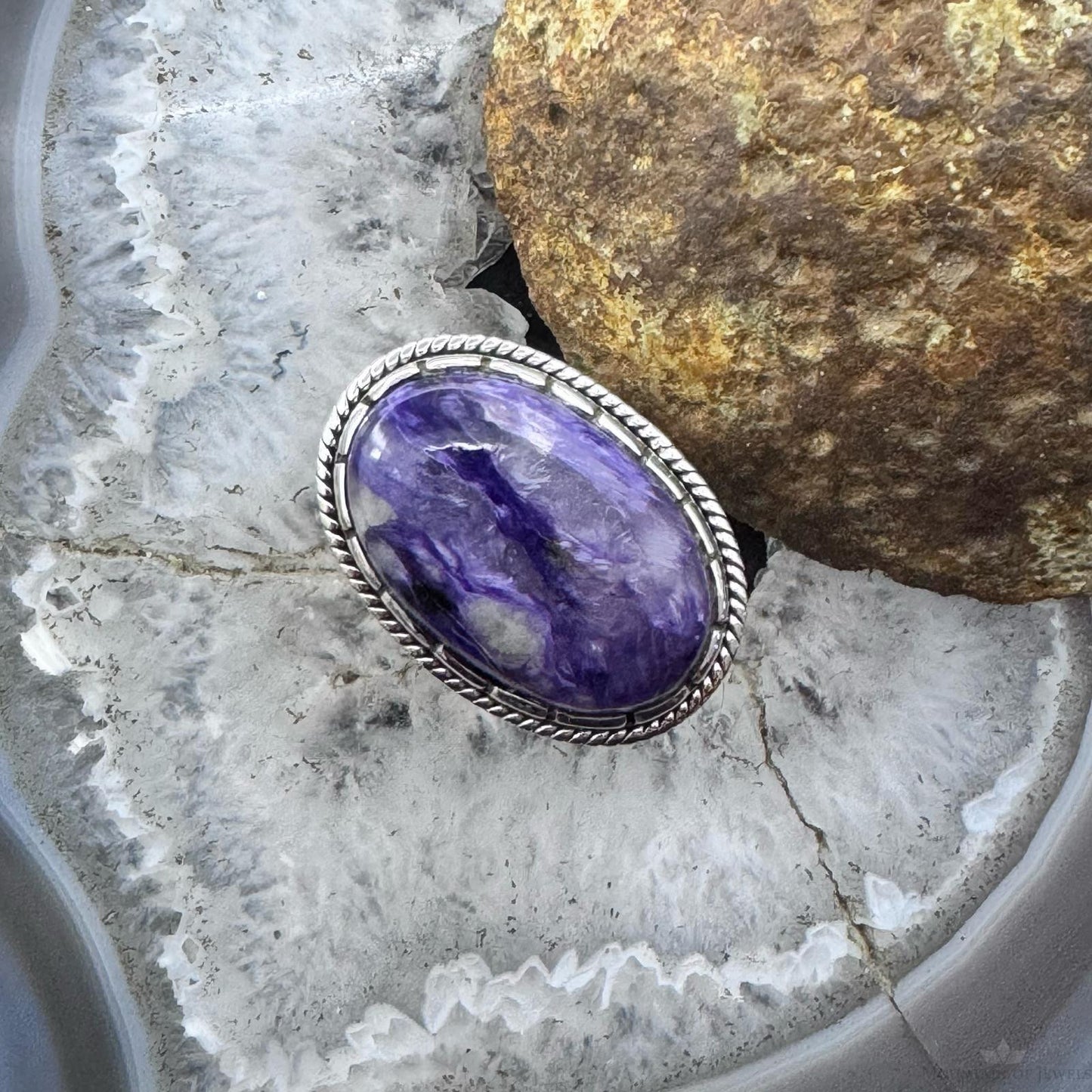 Sterling Silver Southwestern Style Oval Charoite Decorated Ring Size 7.5 For Women