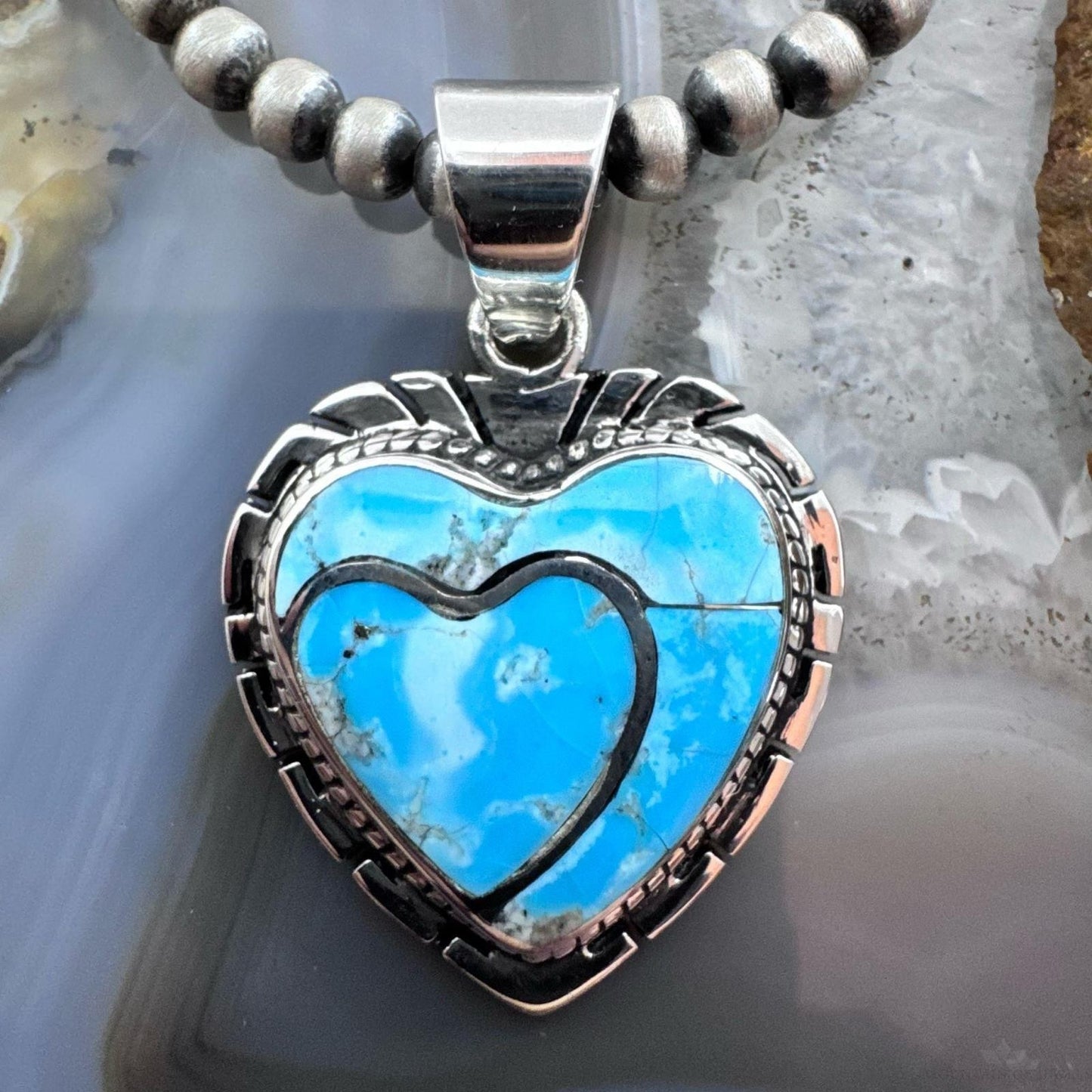 Native American Sterling Silver Blue Ridge Turquoise Decorated Double Heart Pendant For Women #1
