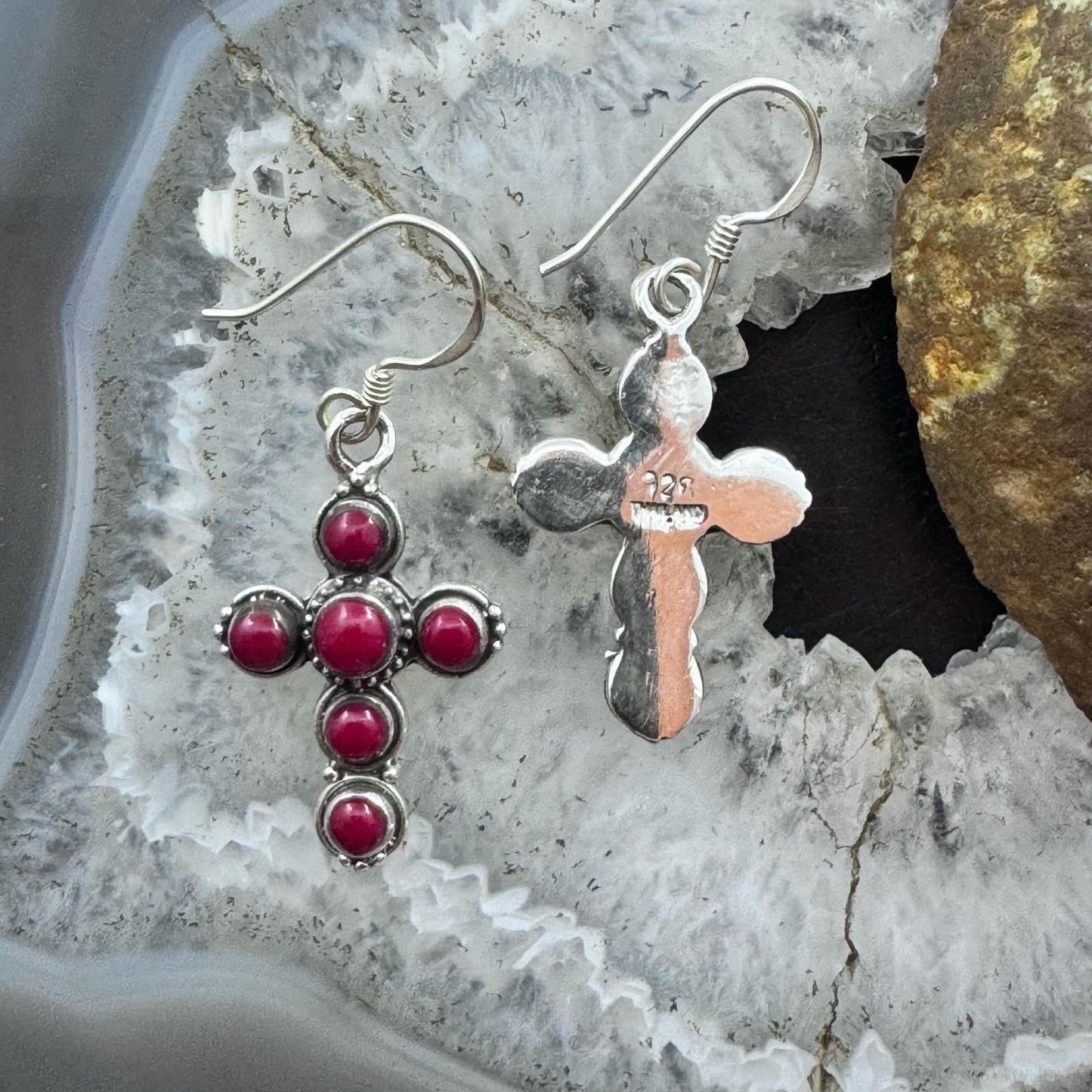 Sterling Silver 6 Red Gemstone Decorated Cross Fashion Dangle Earrings For Women